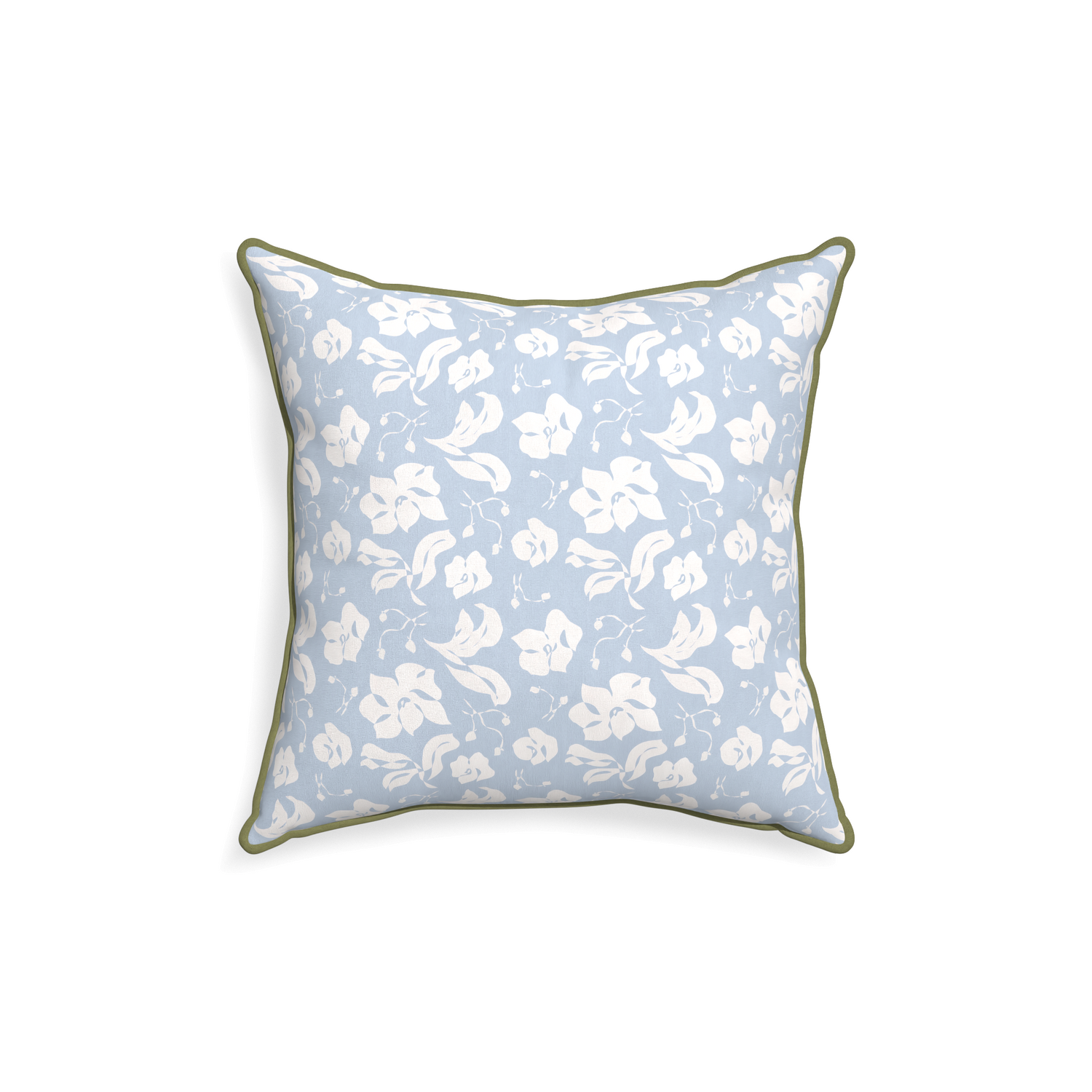 square cornflower blue floral pillow with moss green piping