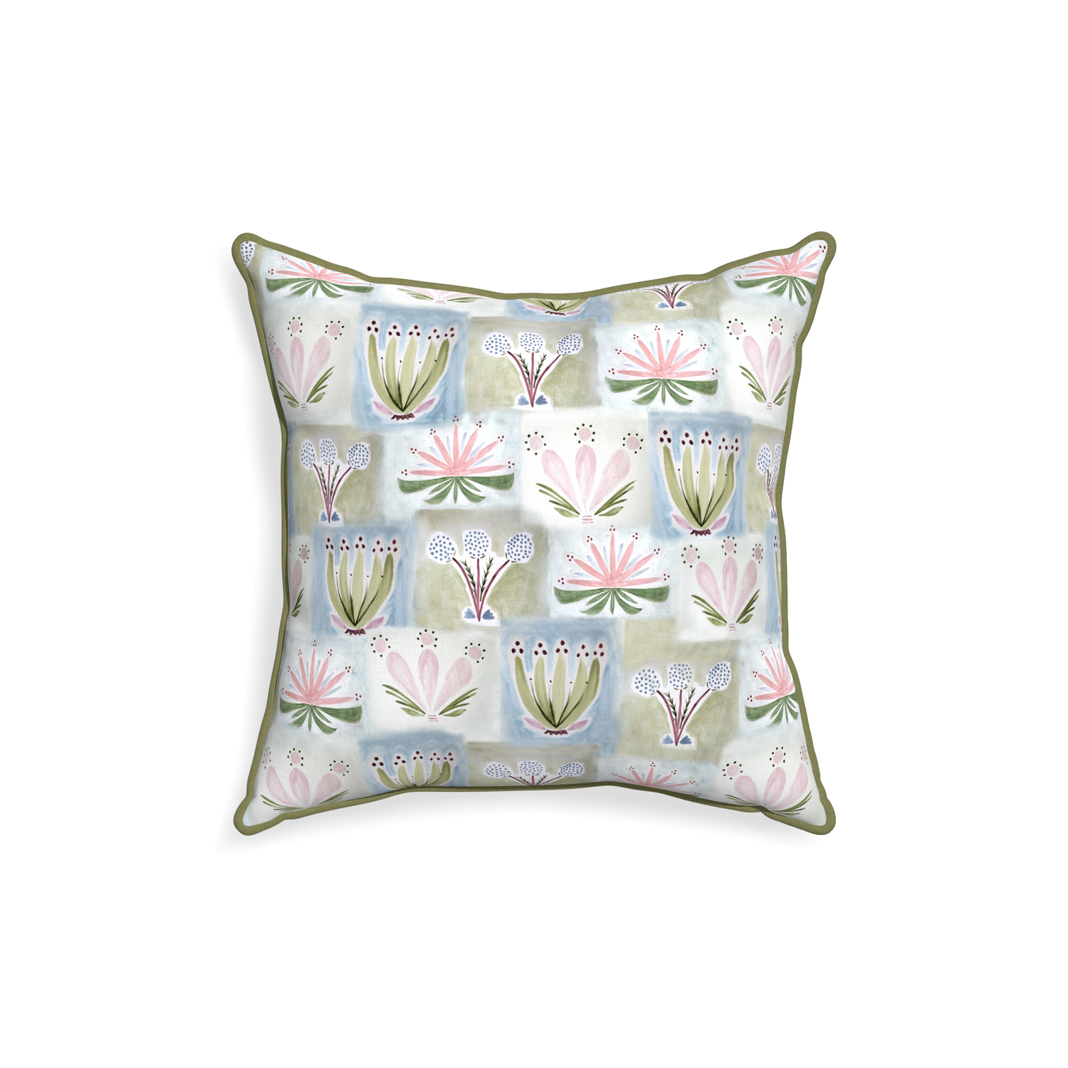 square hand painted floral pillow with moss green piping