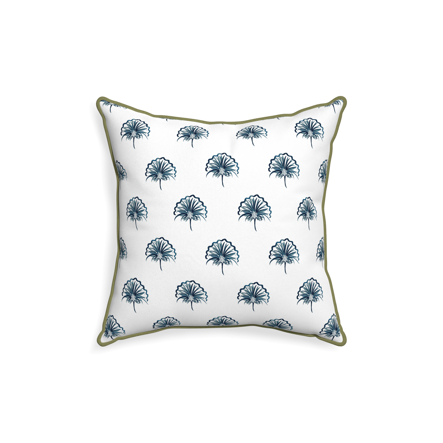 18-square penelope midnight custom pillow with moss piping on white background