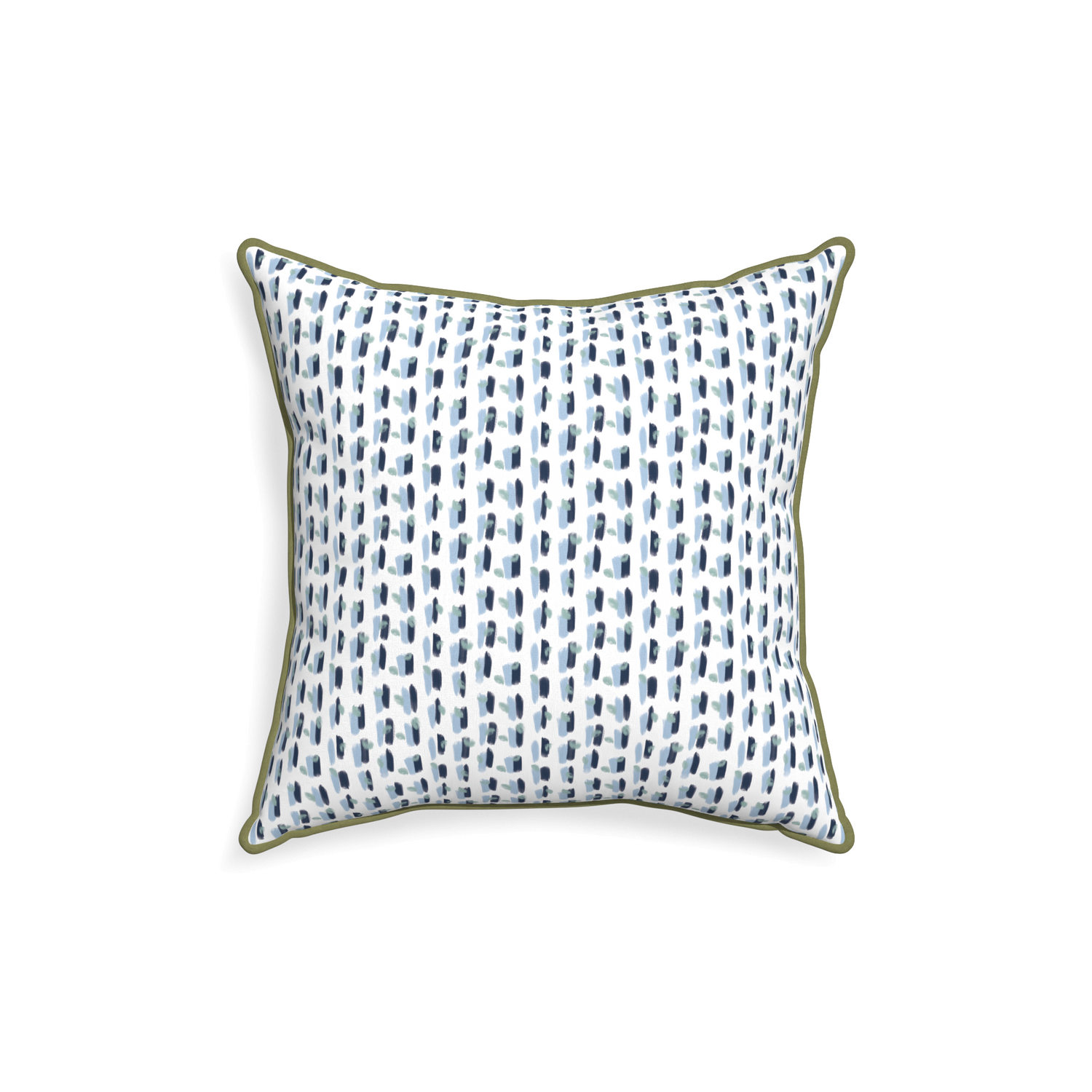 18-square poppy blue custom pillow with moss piping on white background