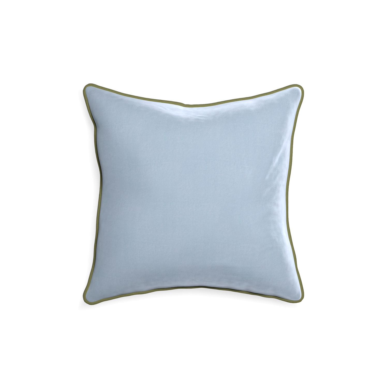 18-square sky velvet custom pillow with moss piping on white background