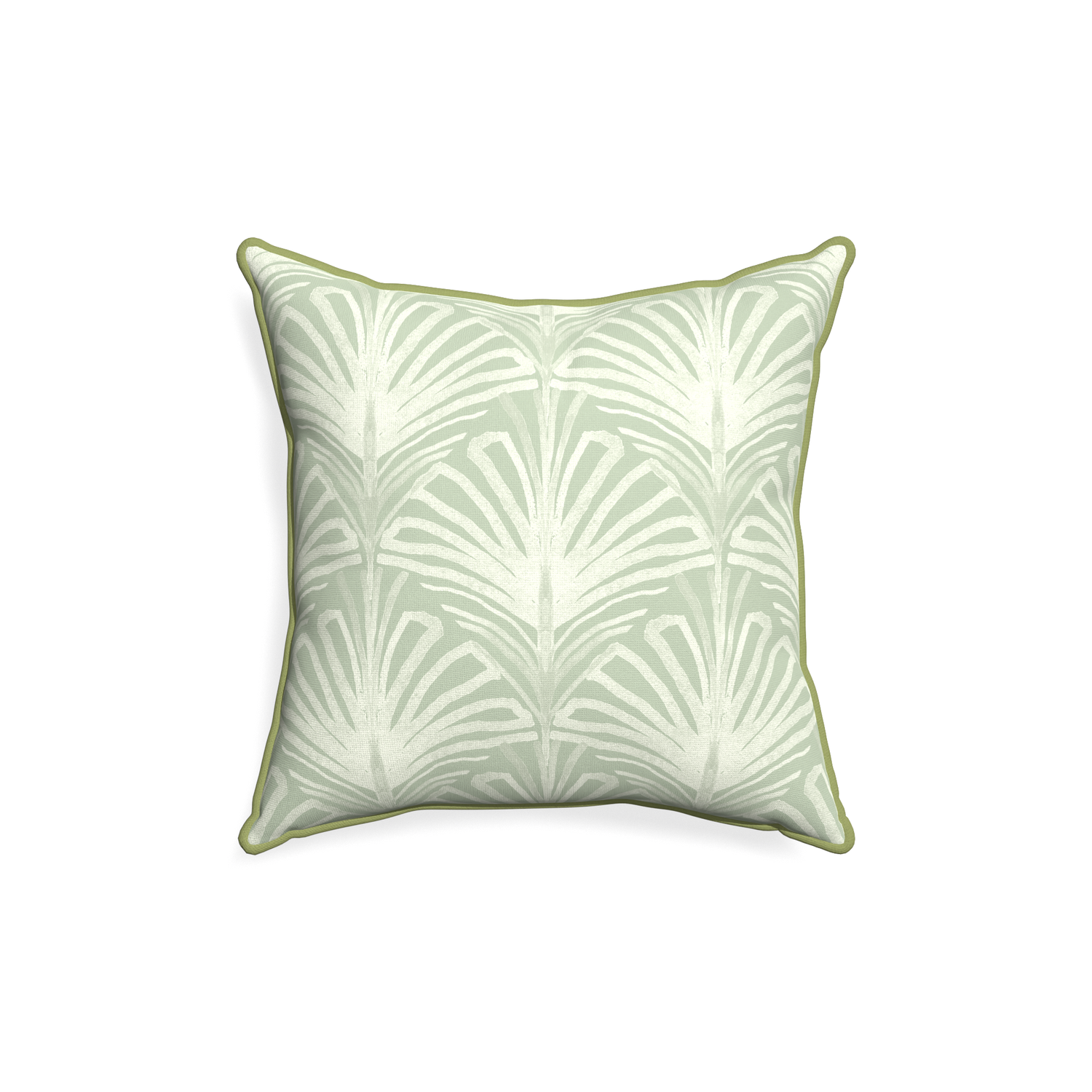 18-square suzy sage custom pillow with moss piping on white background
