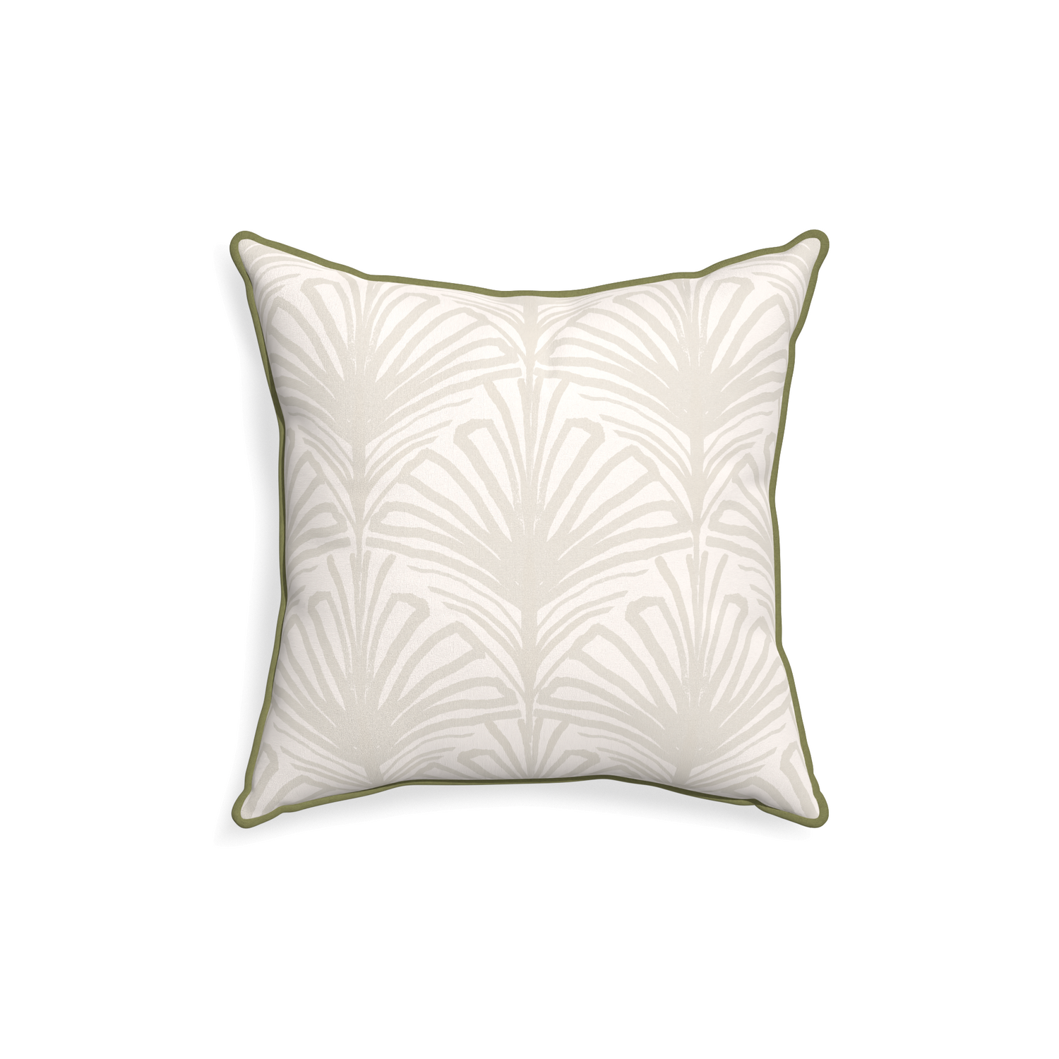 18-square suzy sand custom pillow with moss piping on white background