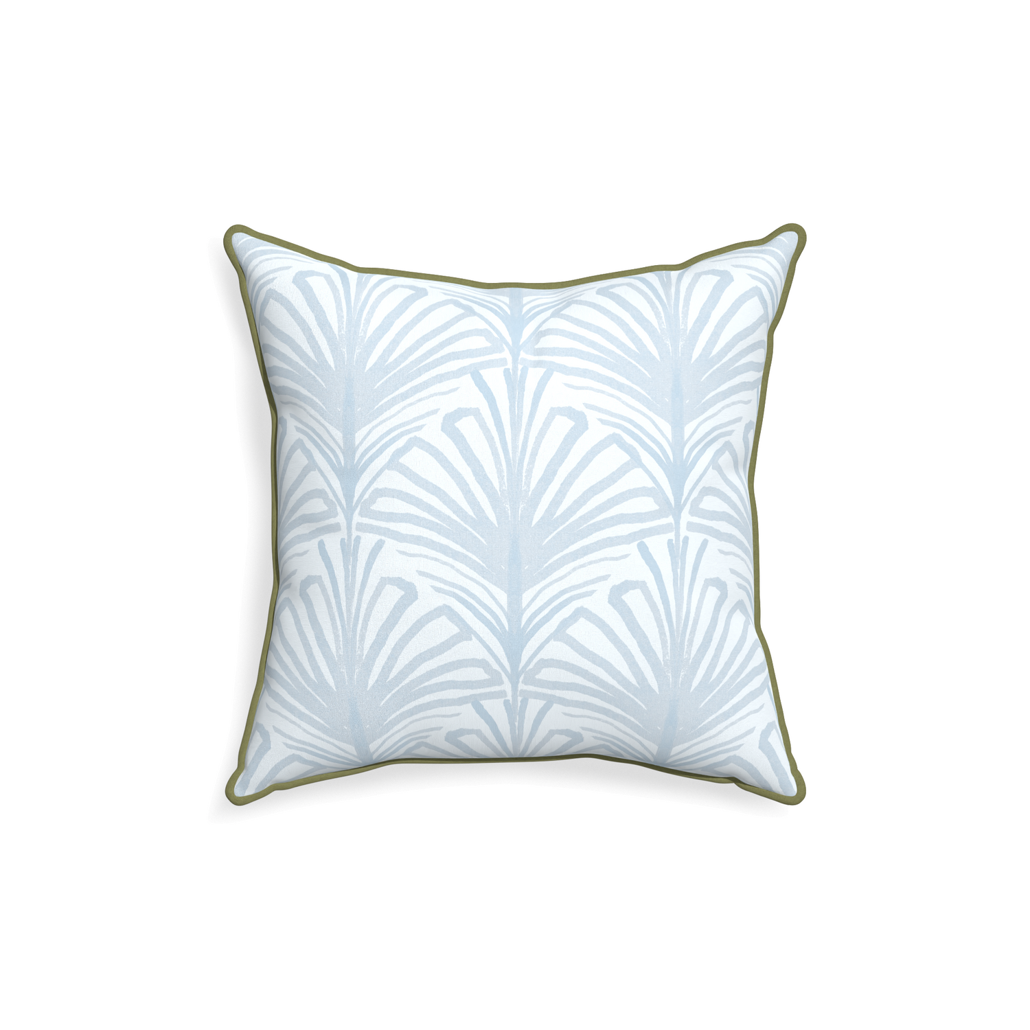 18-square suzy sky custom pillow with moss piping on white background