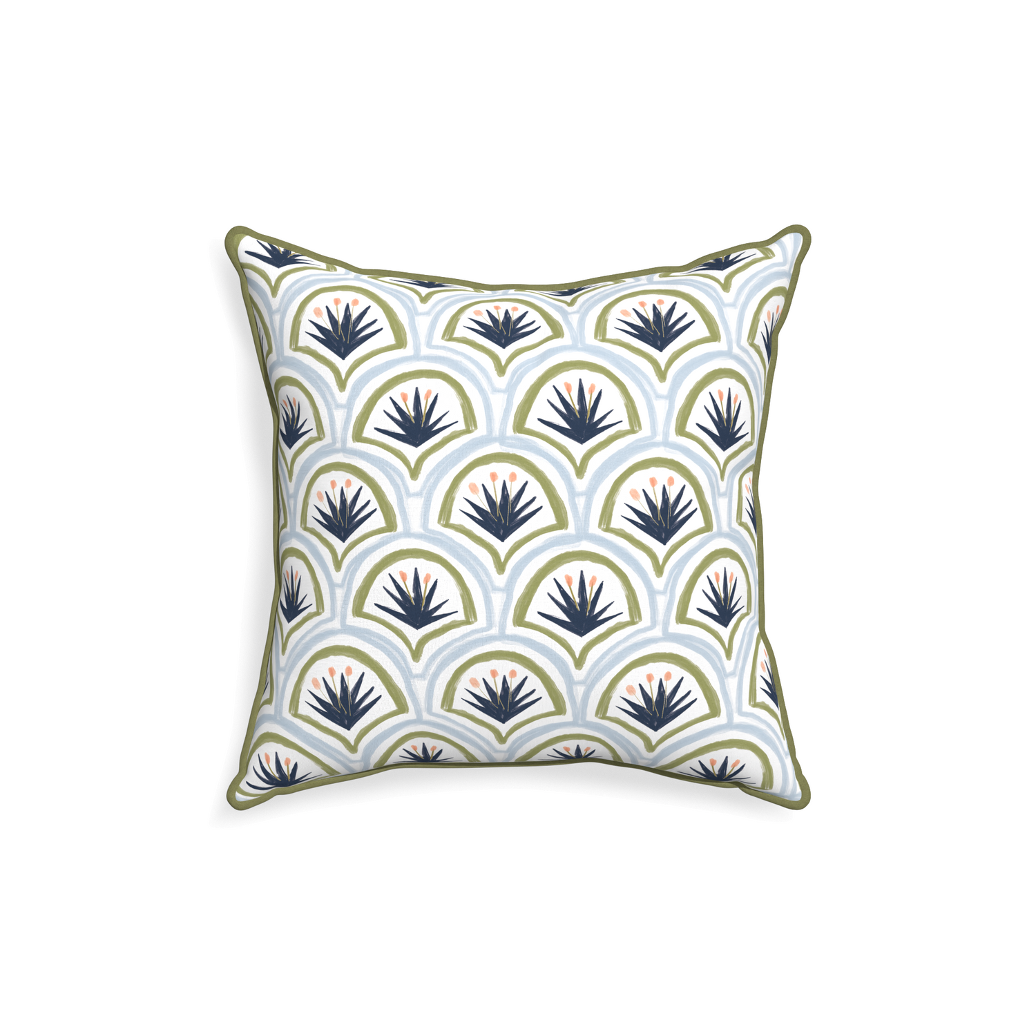 square blue and green art deco palm pattern with moss green piping