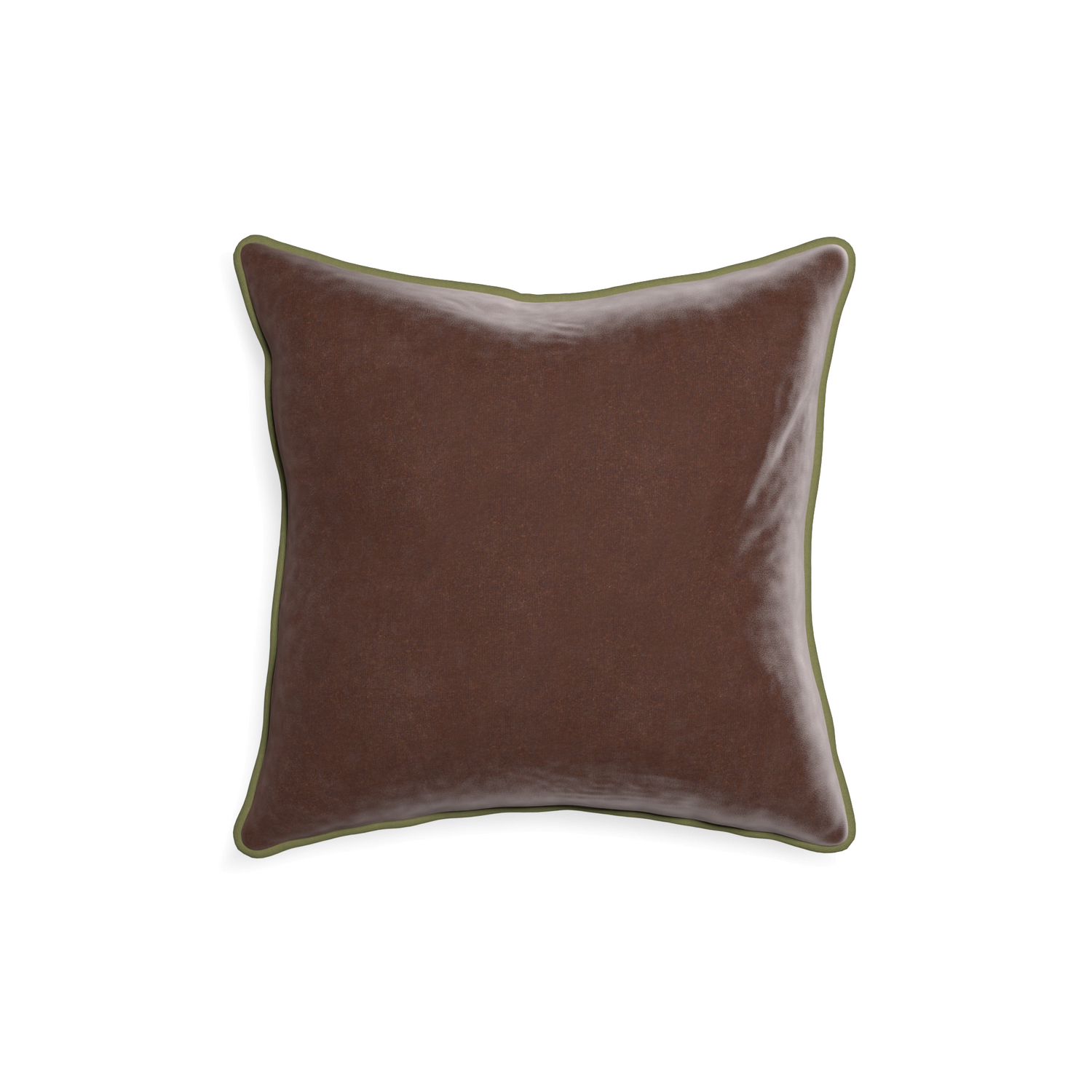 18-square walnut velvet custom pillow with moss piping on white background