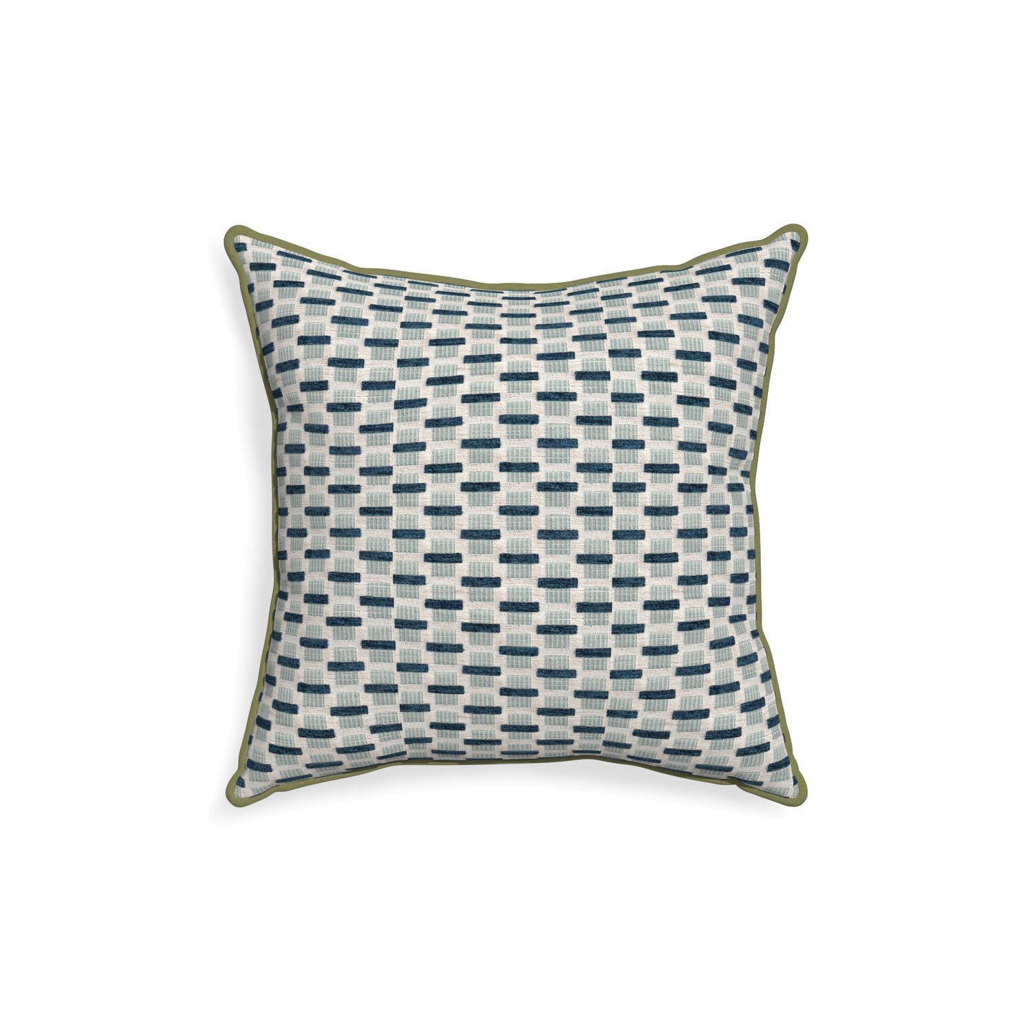 18-square willow amalfi custom blue geometric chenillepillow with moss piping on white background