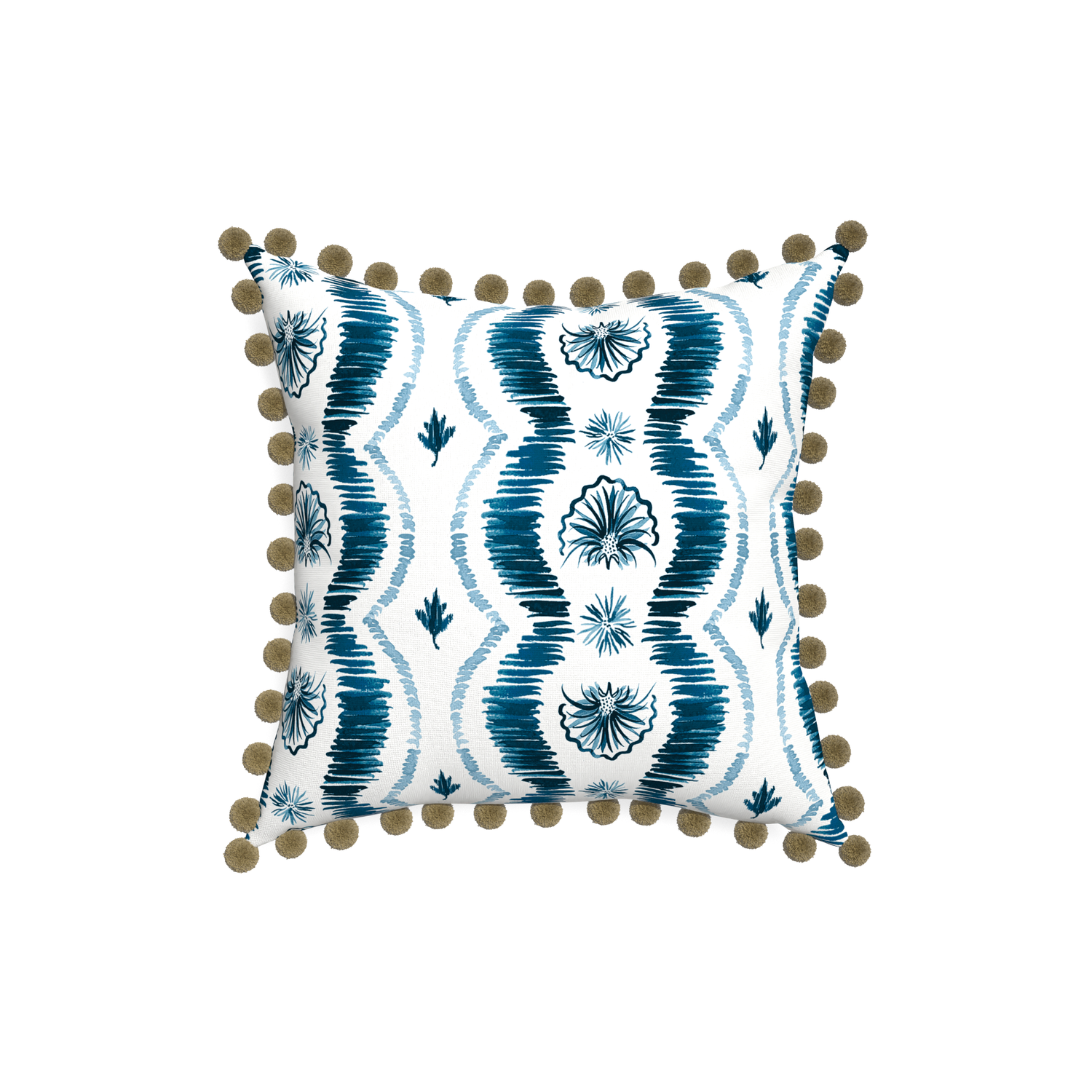18-square alice custom blue ikatpillow with olive pom pom on white background