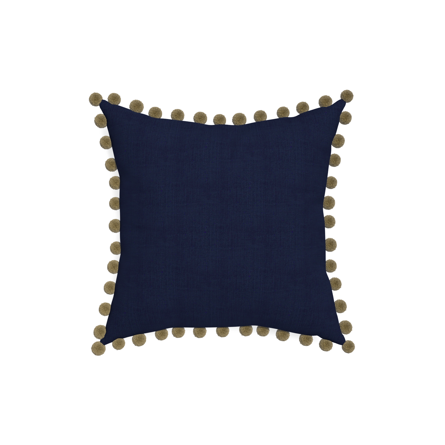 18-square midnight custom pillow with olive pom pom on white background