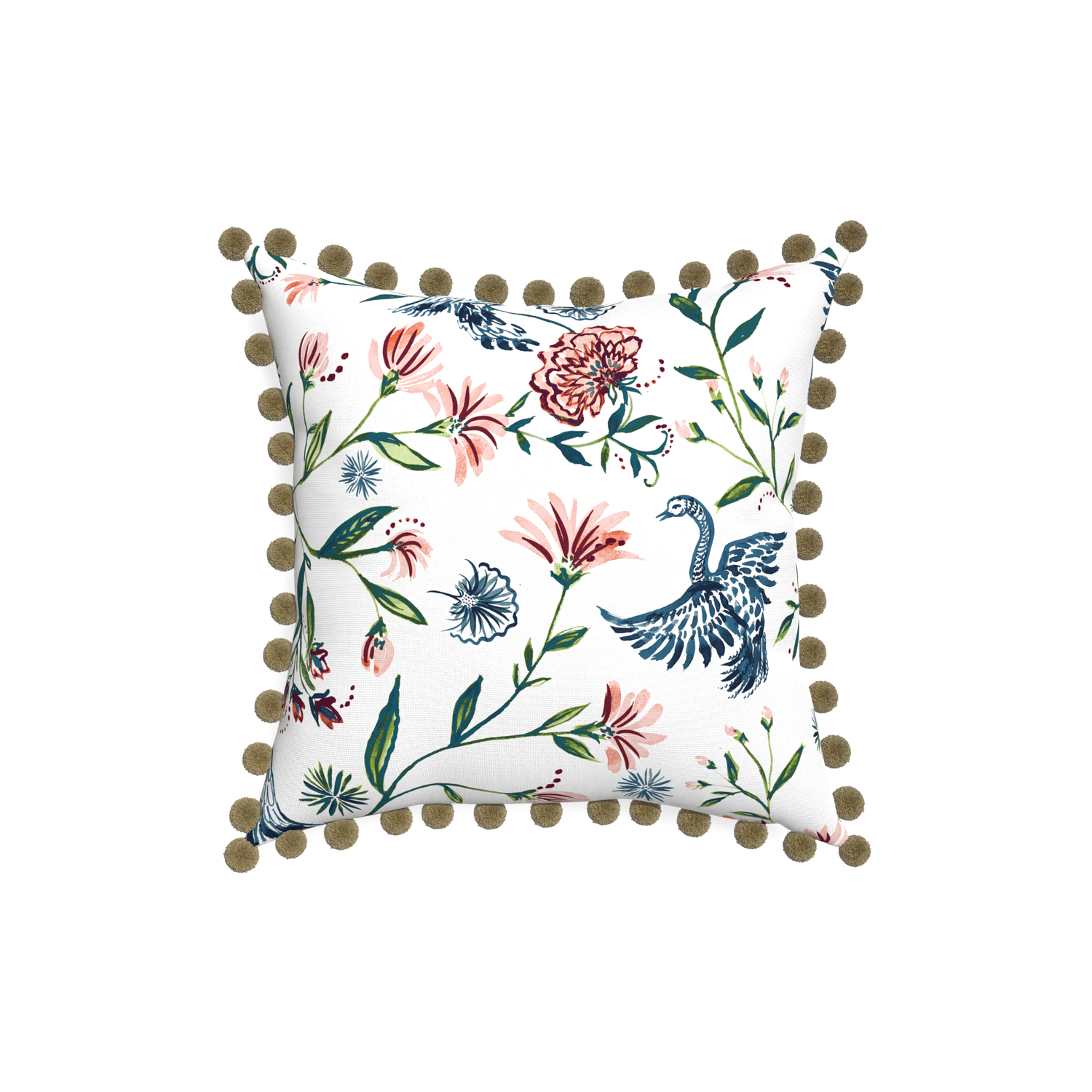 18-square daphne cream custom pillow with olive pom pom on white background