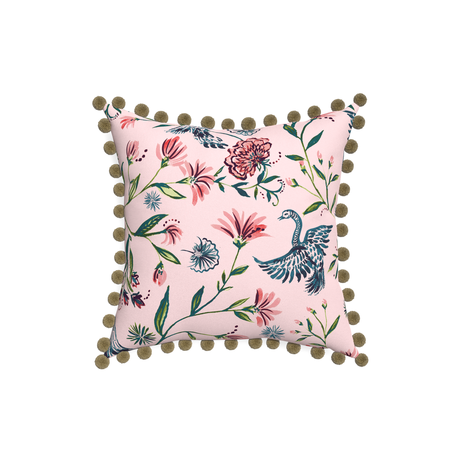 18-square daphne rose custom pillow with olive pom pom on white background