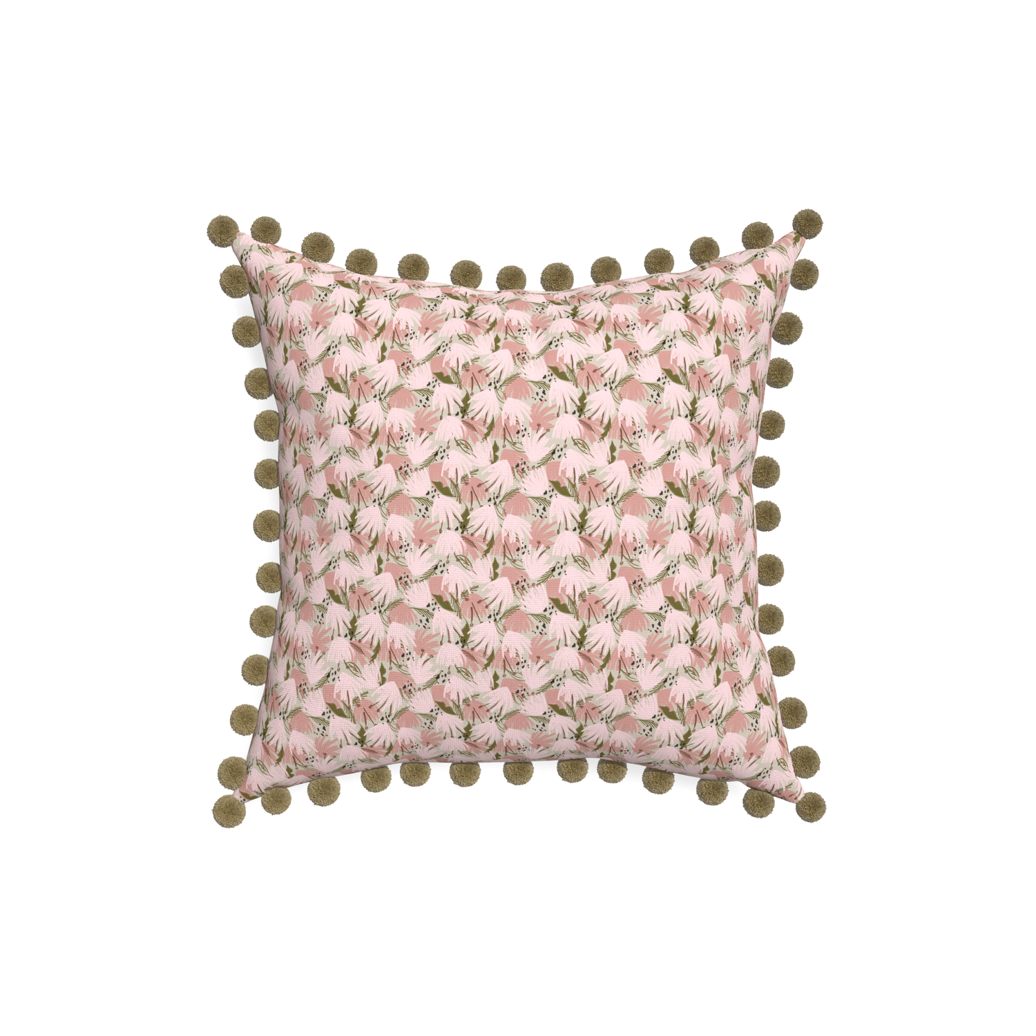 18-square eden pink custom pillow with olive pom pom on white background