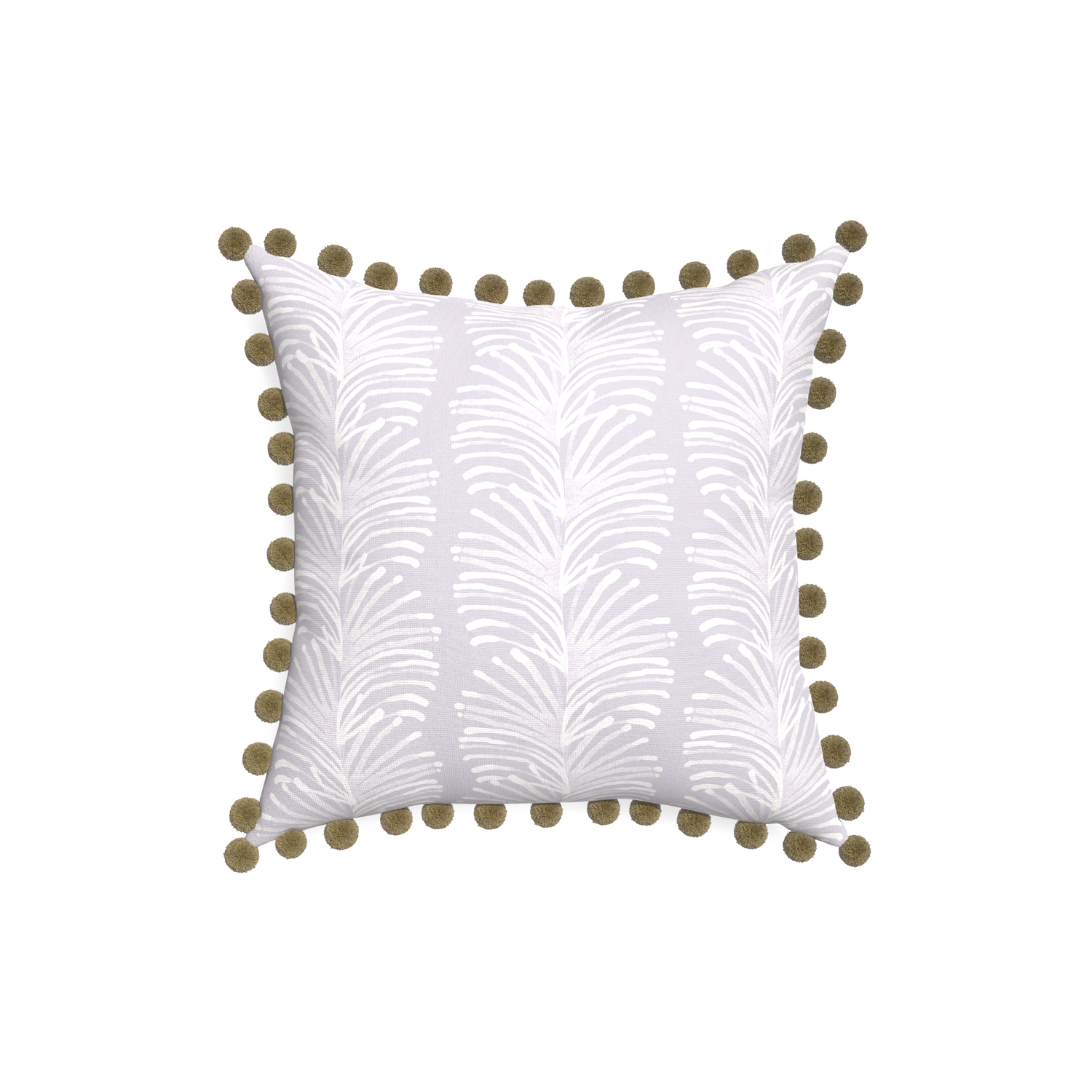 18-square emma lavender custom pillow with olive pom pom on white background