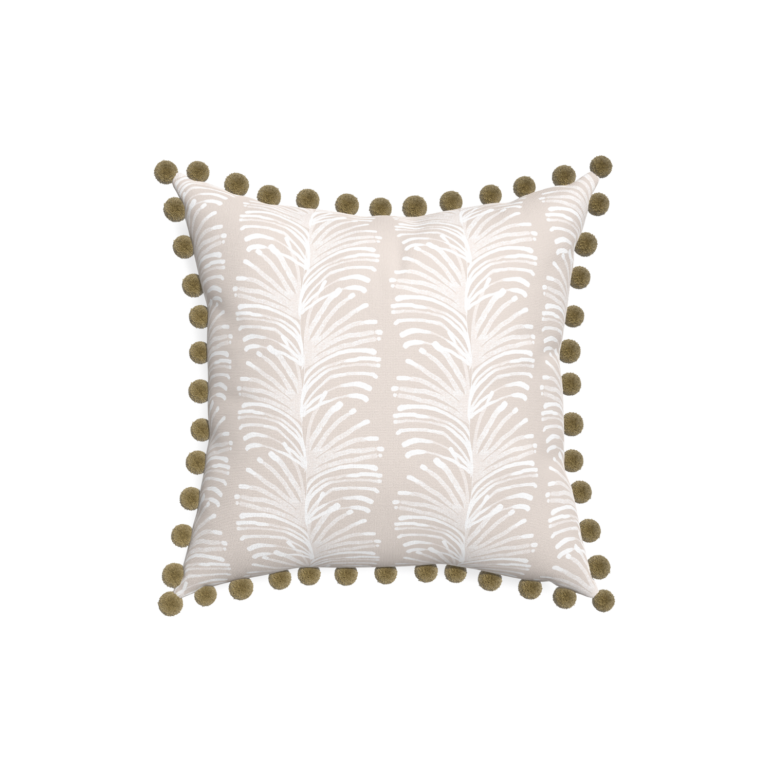 18-square emma sand custom sand colored botanical stripepillow with olive pom pom on white background