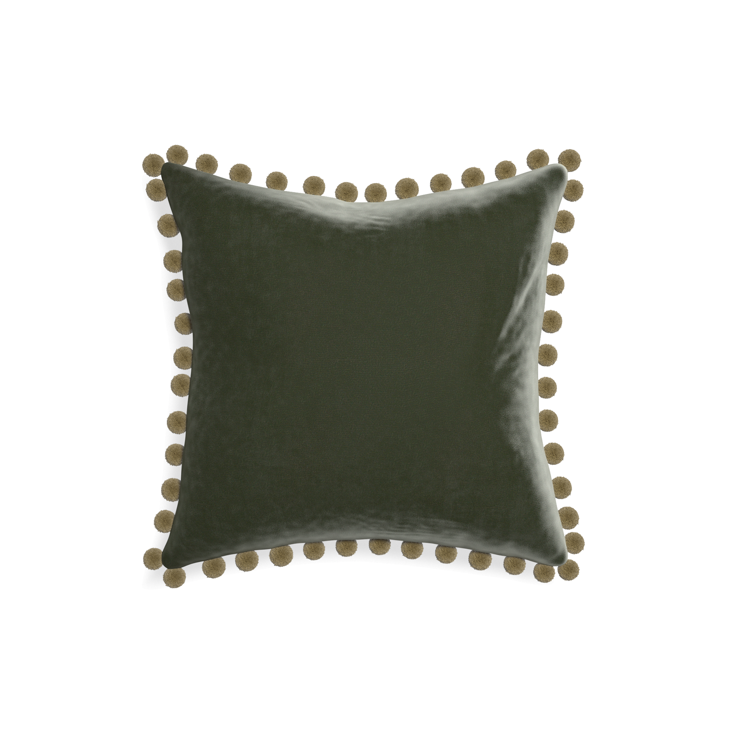 square fern green velvet pillow with olive green pom poms