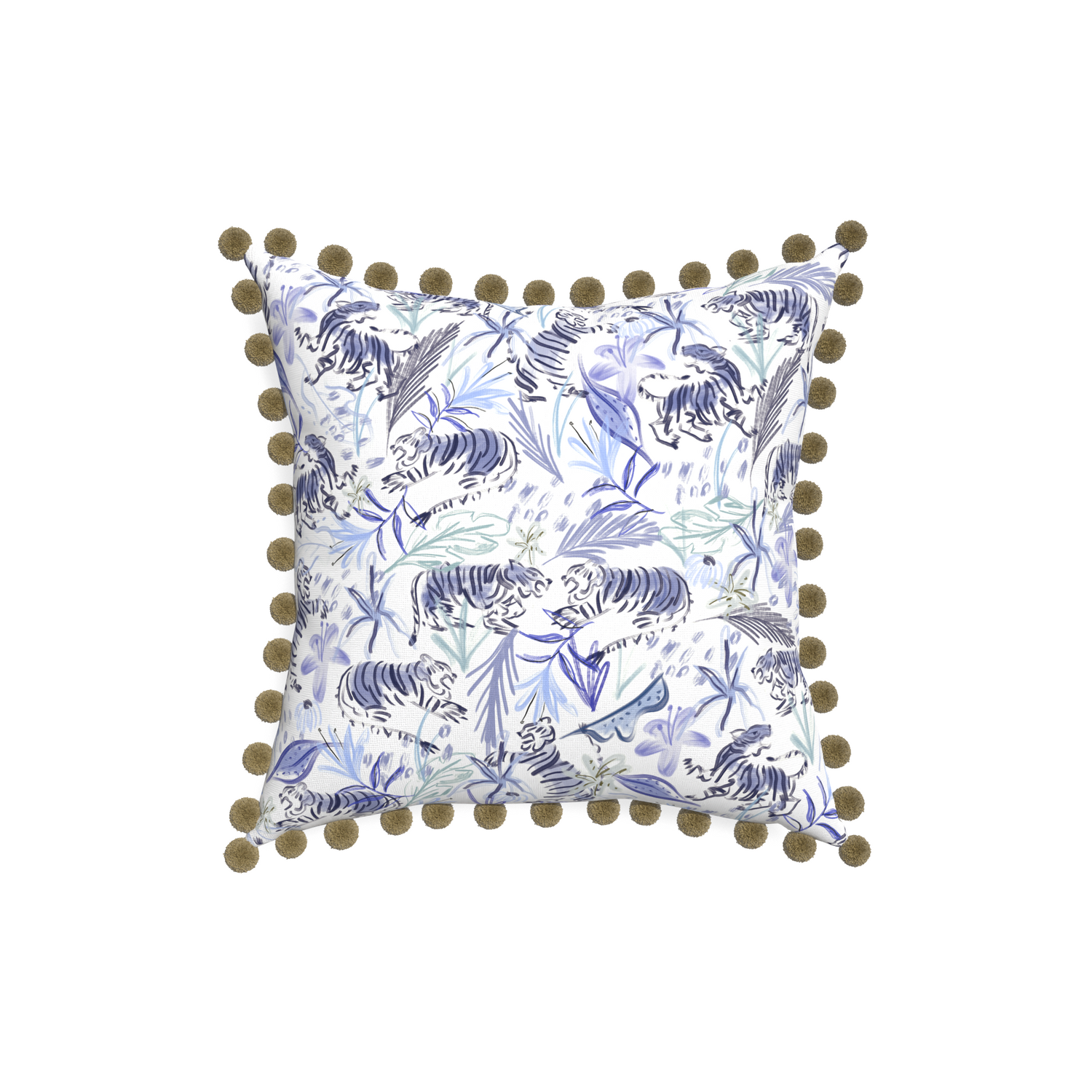 18-square frida blue custom blue with intricate tiger designpillow with olive pom pom on white background