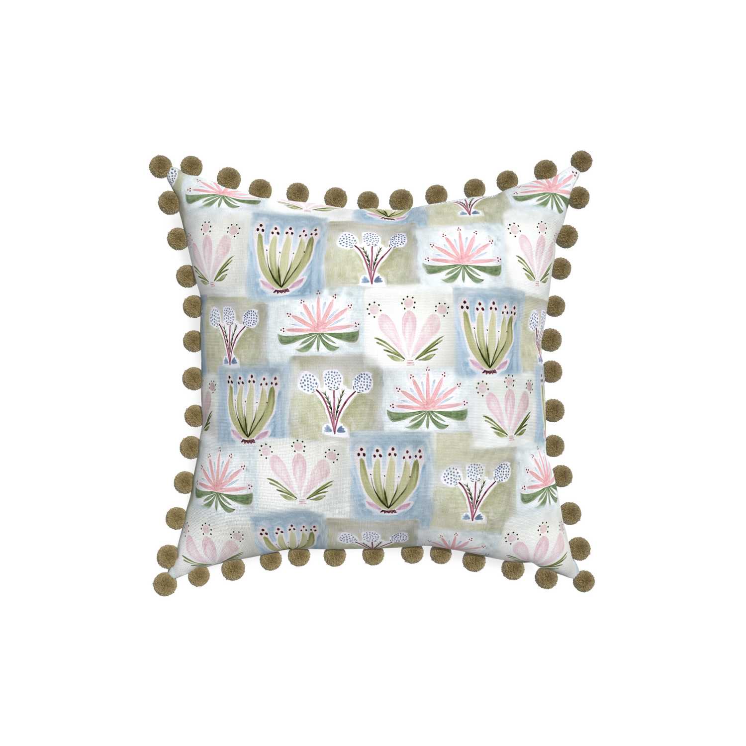18-square harper custom pillow with olive pom pom on white background