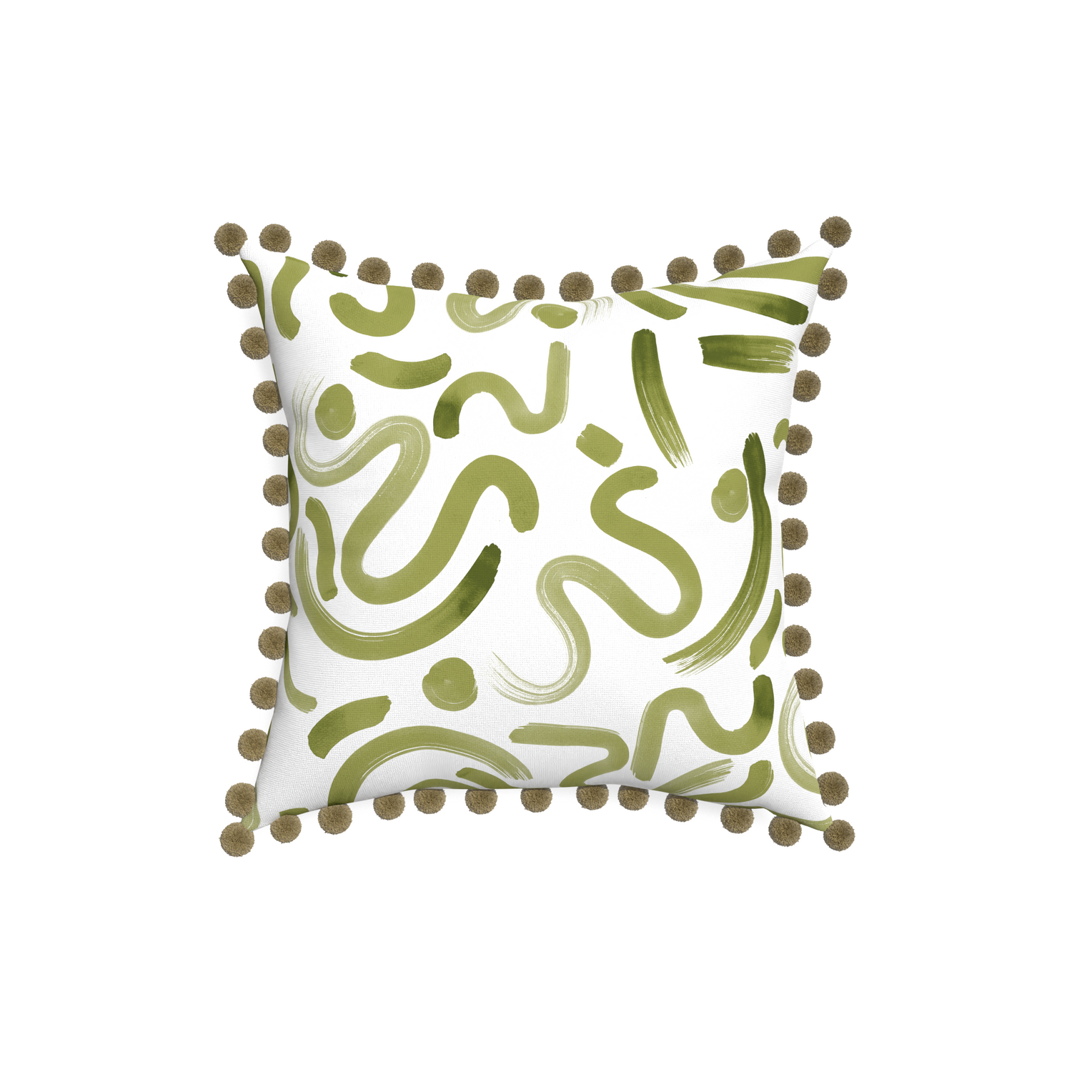 18-square hockney moss custom pillow with olive pom pom on white background