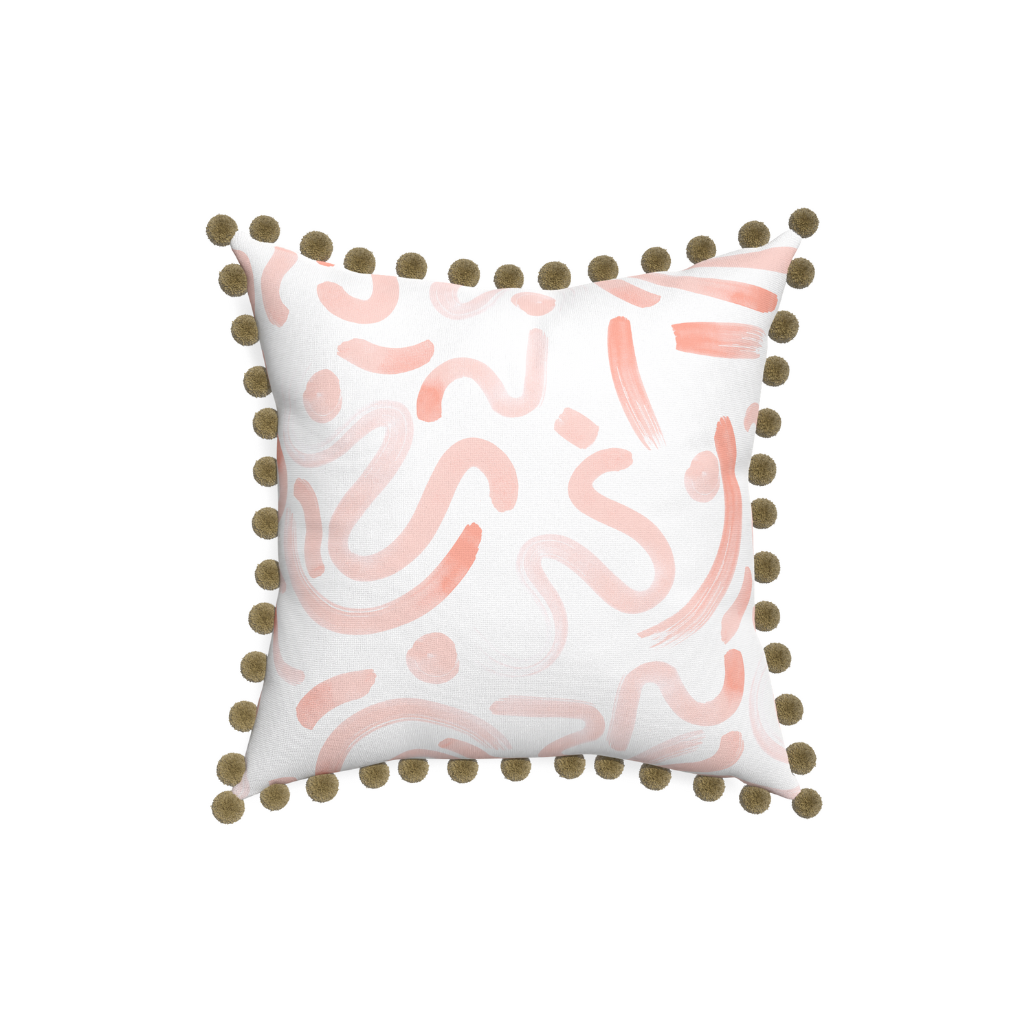 18-square hockney pink custom pillow with olive pom pom on white background