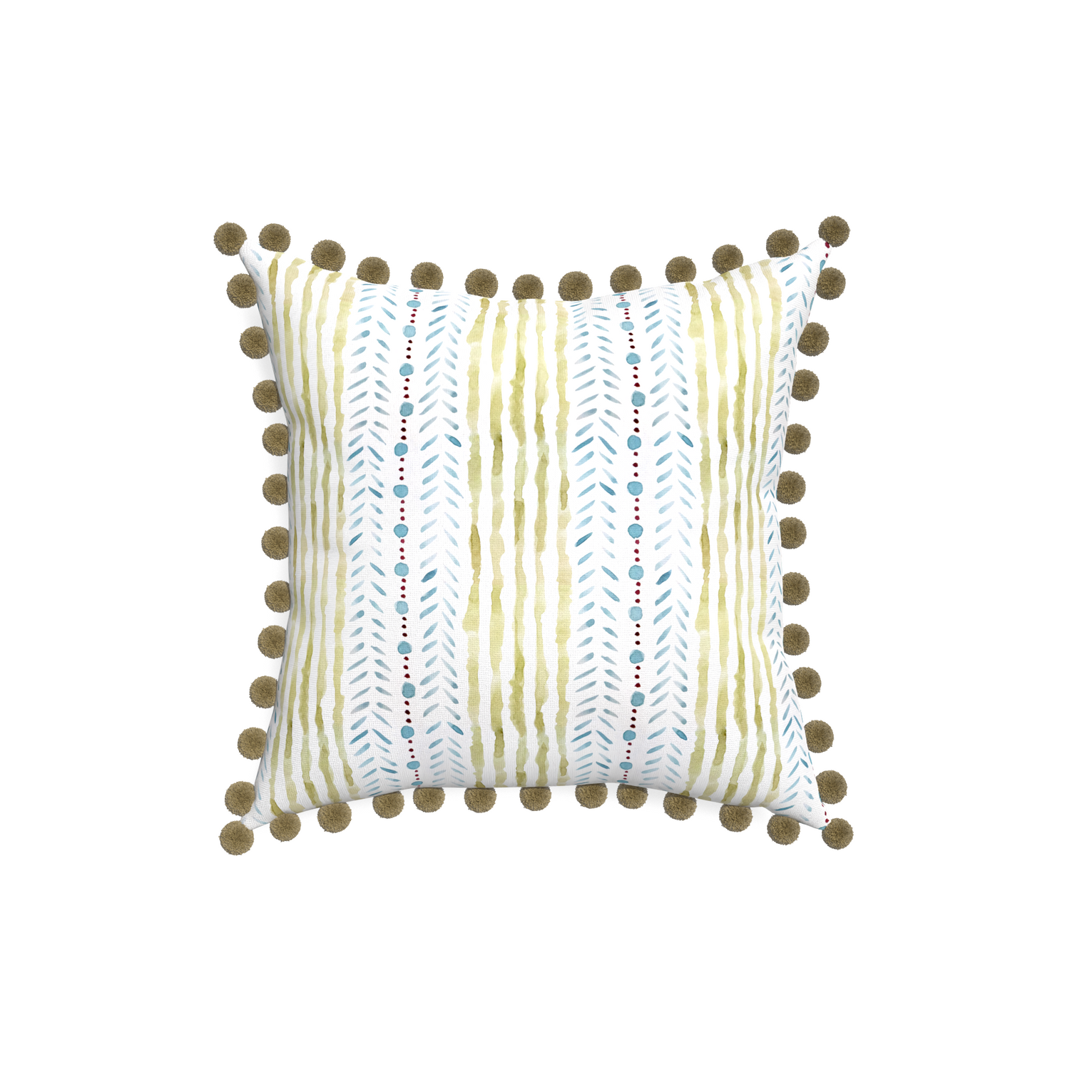 18-square julia custom blue & green stripedpillow with olive pom pom on white background