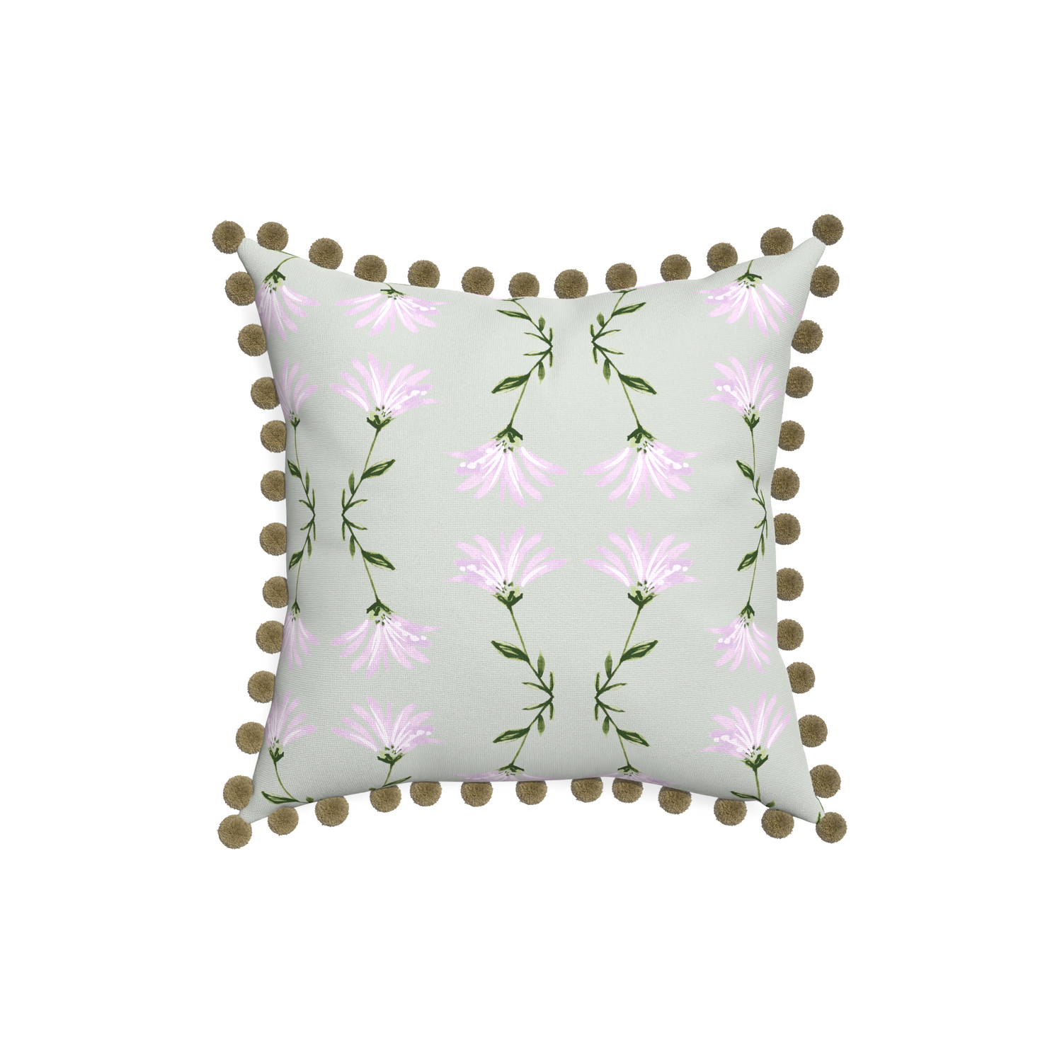 18-square marina sage custom pillow with olive pom pom on white background