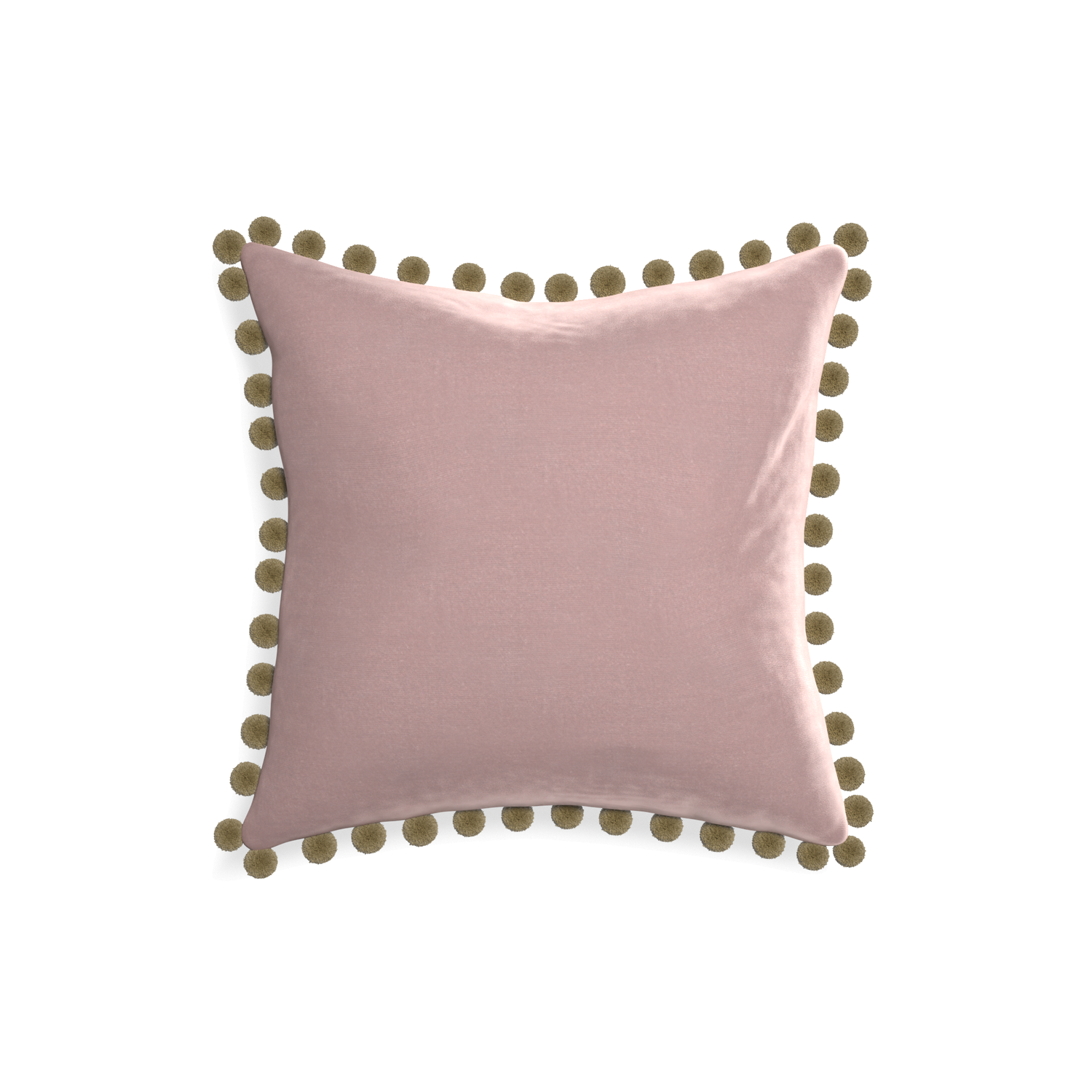18-square mauve velvet custom pillow with olive pom pom on white background
