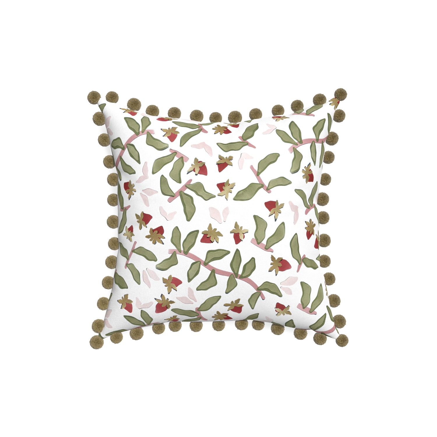 18-square nellie custom strawberry & botanicalpillow with olive pom pom on white background