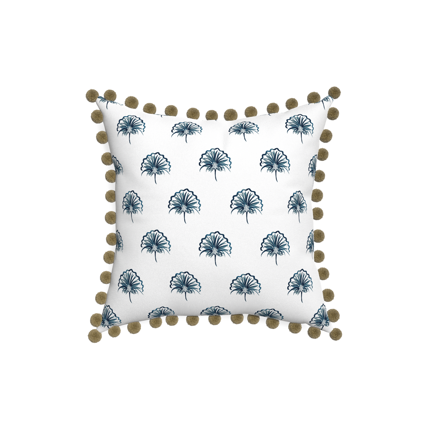 18-square penelope midnight custom floral navypillow with olive pom pom on white background