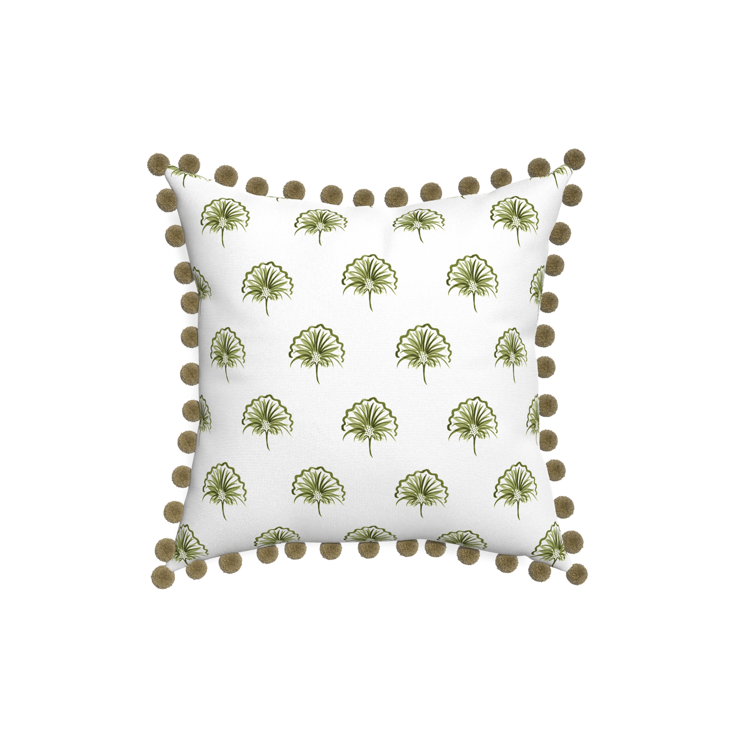 18-square penelope moss custom pillow with olive pom pom on white background