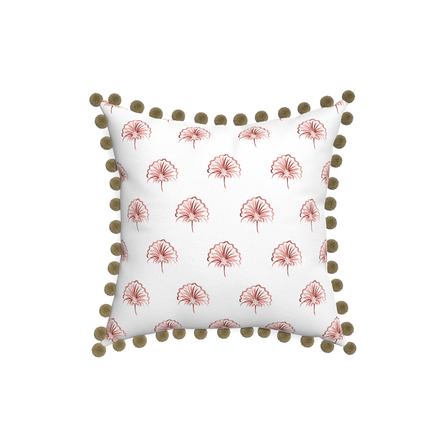 18-square penelope rose custom floral pinkpillow with olive pom pom on white background