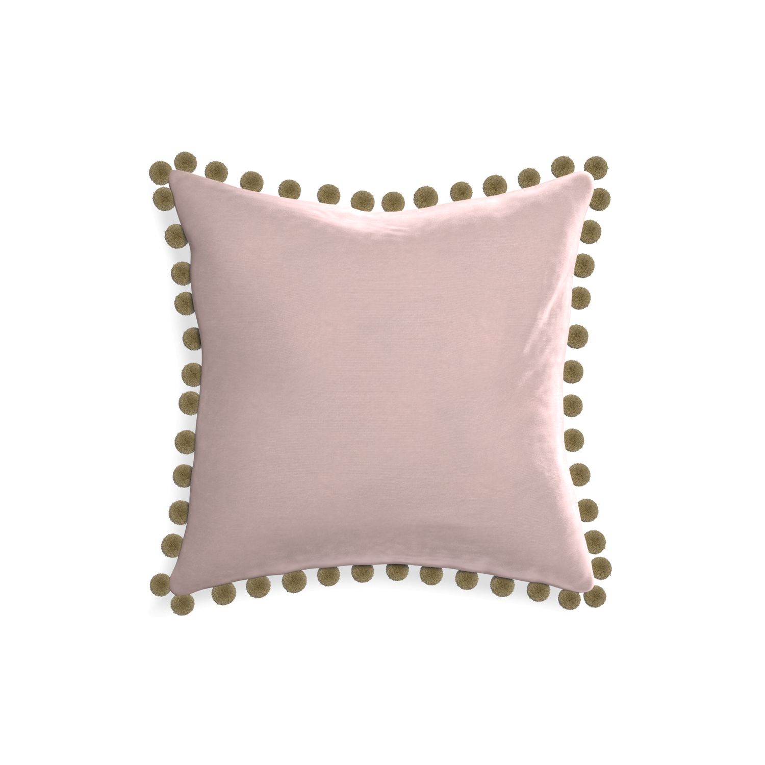 18-square rose velvet custom pillow with olive pom pom on white background