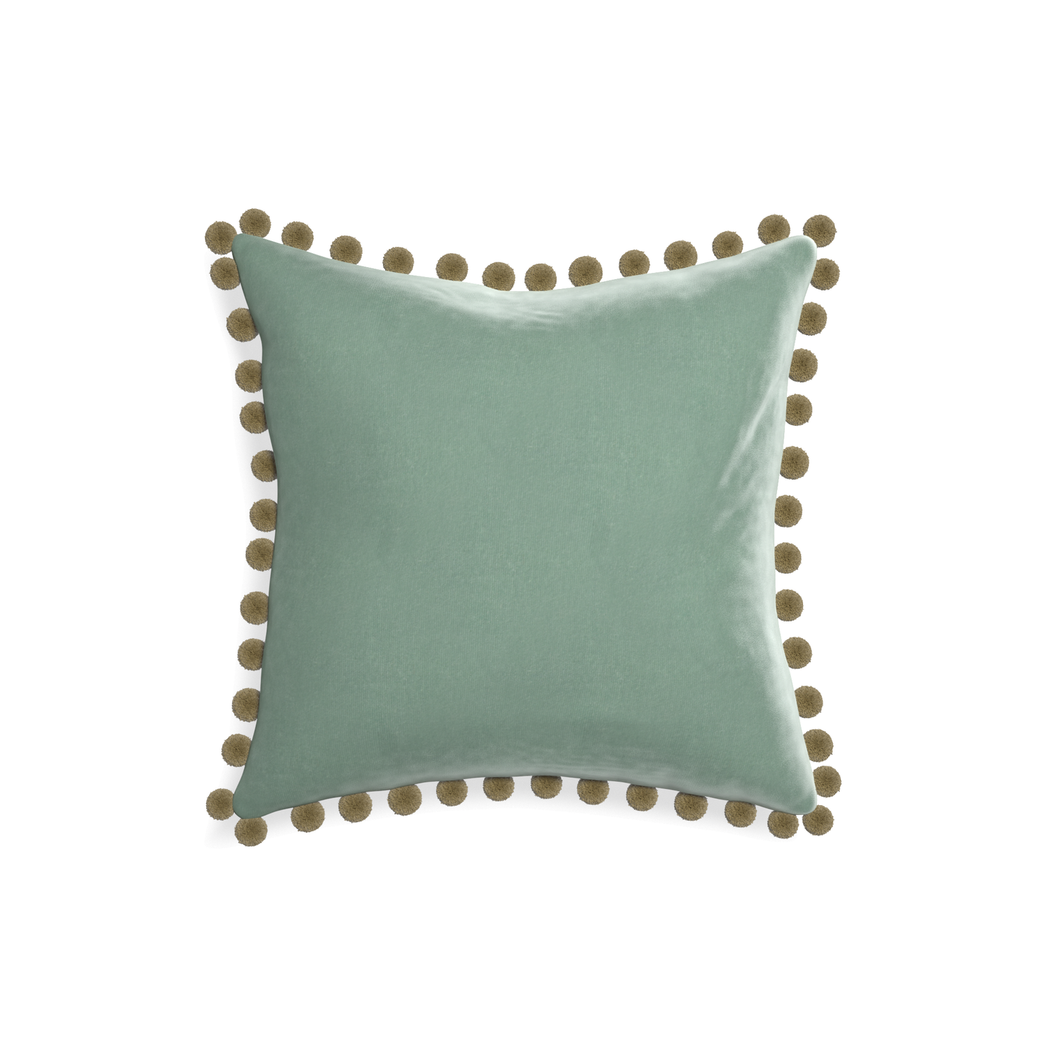 square blue green velvet pillow with olive green pom poms