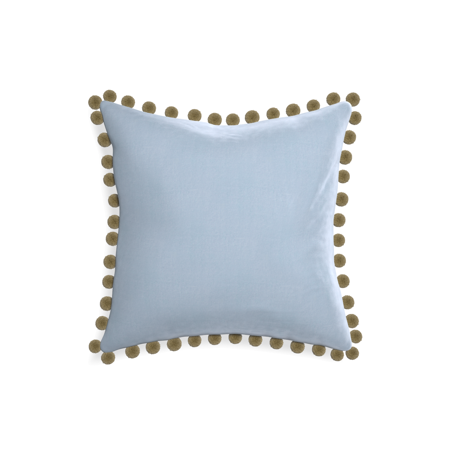 18-square sky velvet custom pillow with olive pom pom on white background