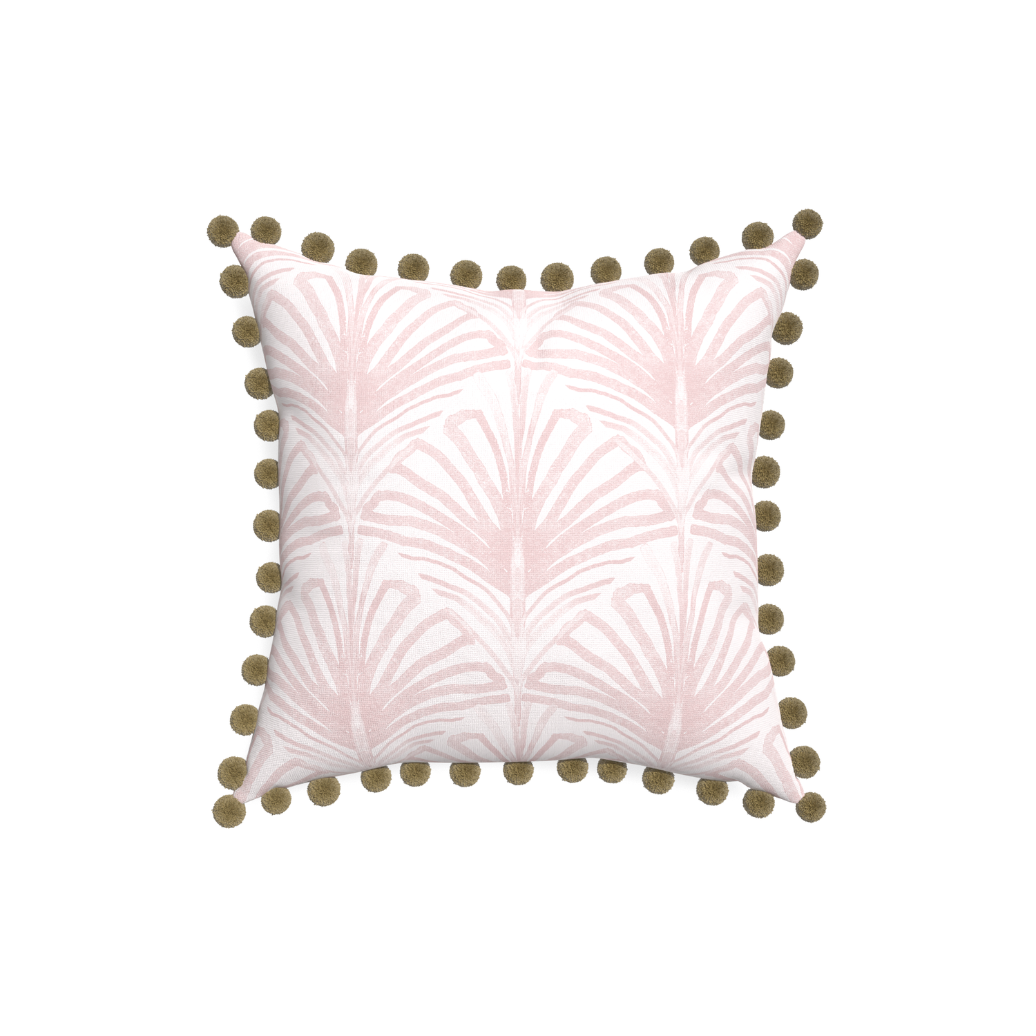 18-square suzy rose custom rose pink palmpillow with olive pom pom on white background