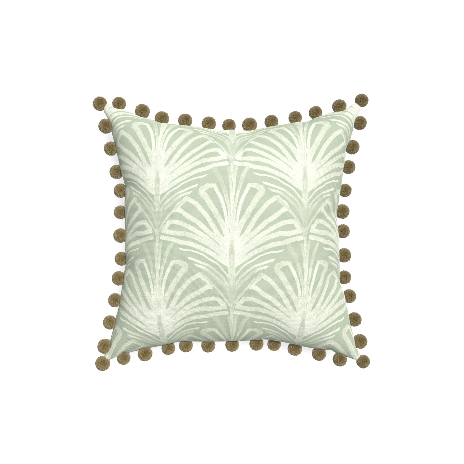 18-square suzy sage custom sage green palmpillow with olive pom pom on white background