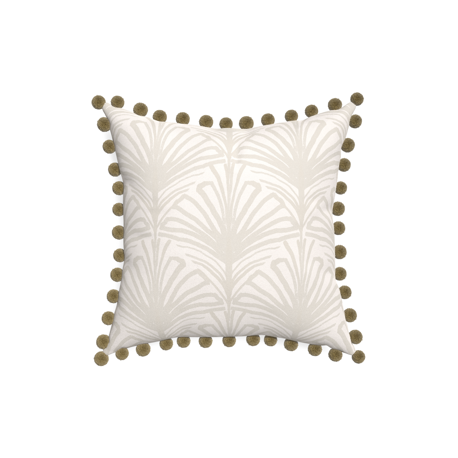 18-square suzy sand custom pillow with olive pom pom on white background