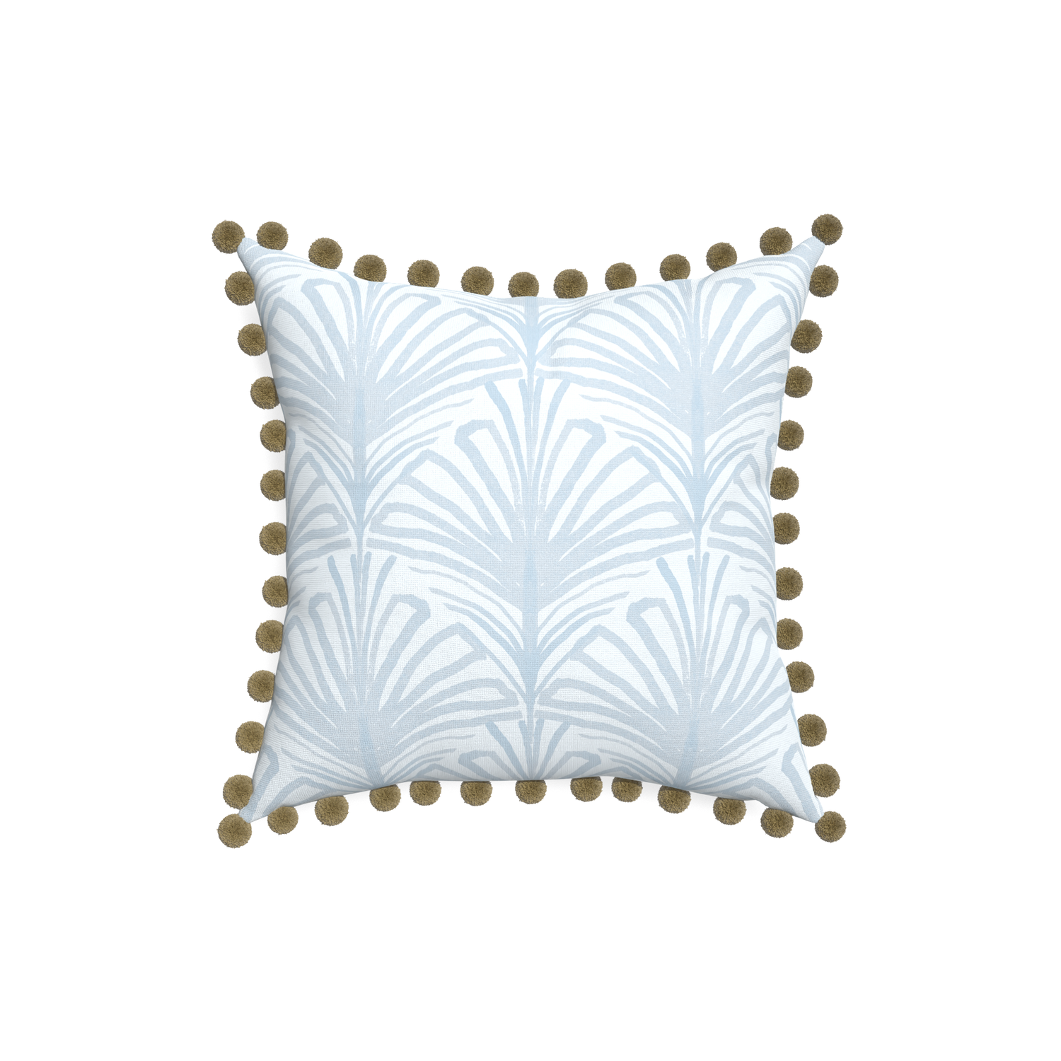 18-square suzy sky custom pillow with olive pom pom on white background