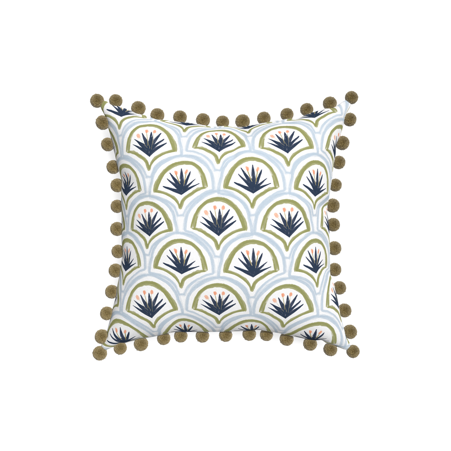 18-square thatcher midnight custom art deco palm patternpillow with olive pom pom on white background