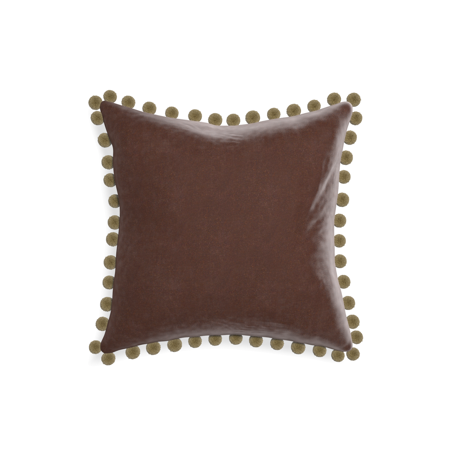 18-square walnut velvet custom pillow with olive pom pom on white background