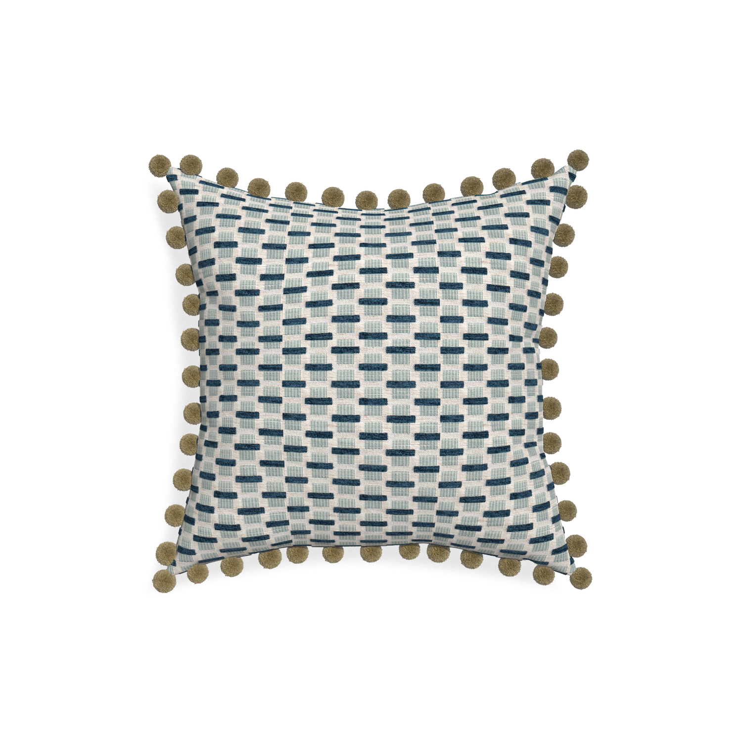 18-square willow amalfi custom blue geometric chenillepillow with olive pom pom on white background