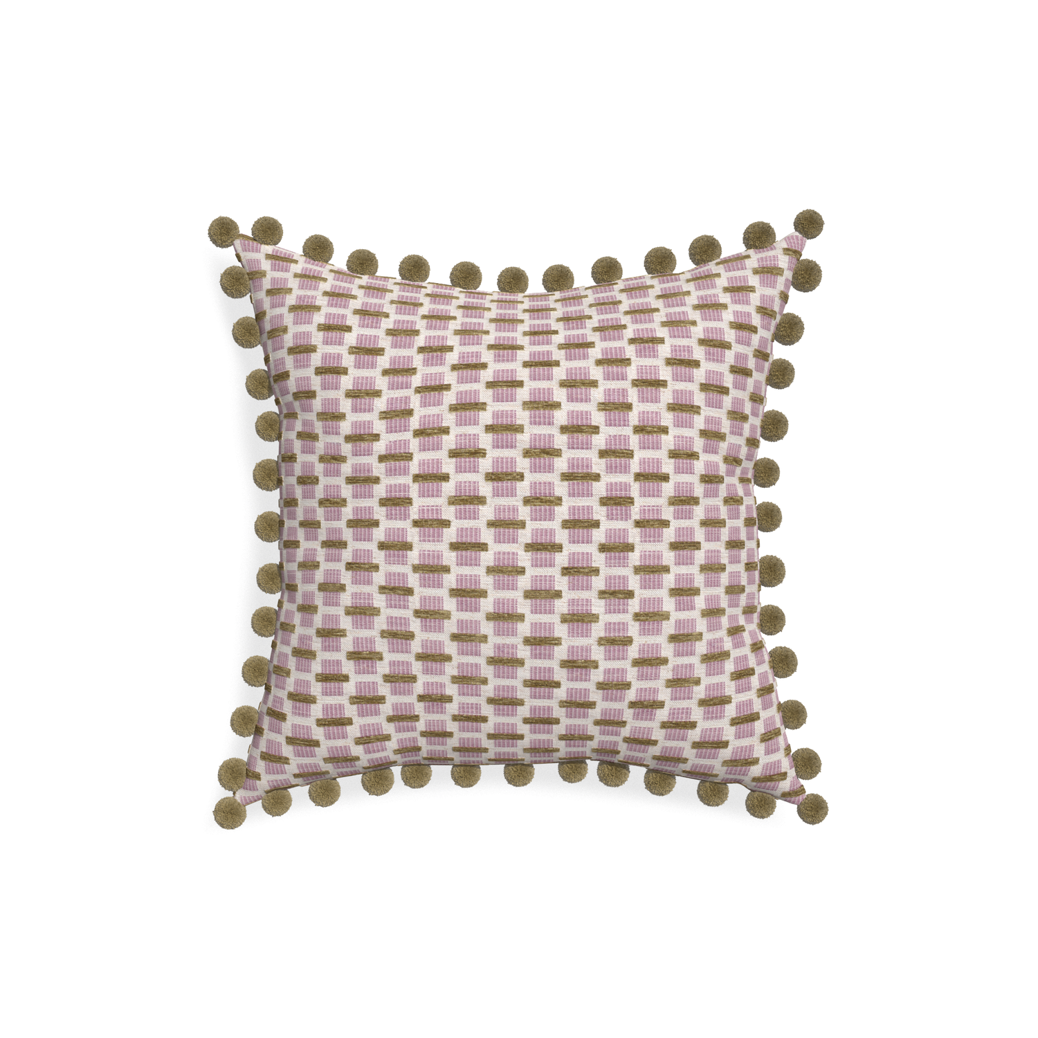 18-square willow orchid custom pink geometric chenillepillow with olive pom pom on white background