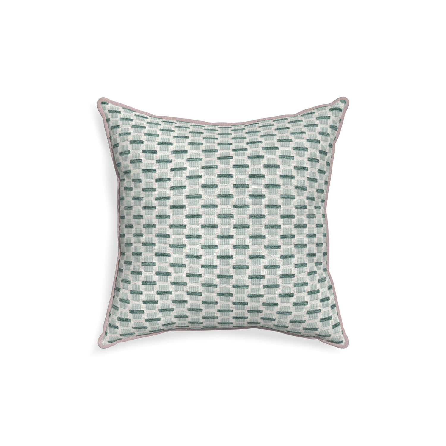 18-square willow mint custom green geometric chenillepillow with orchid piping on white background