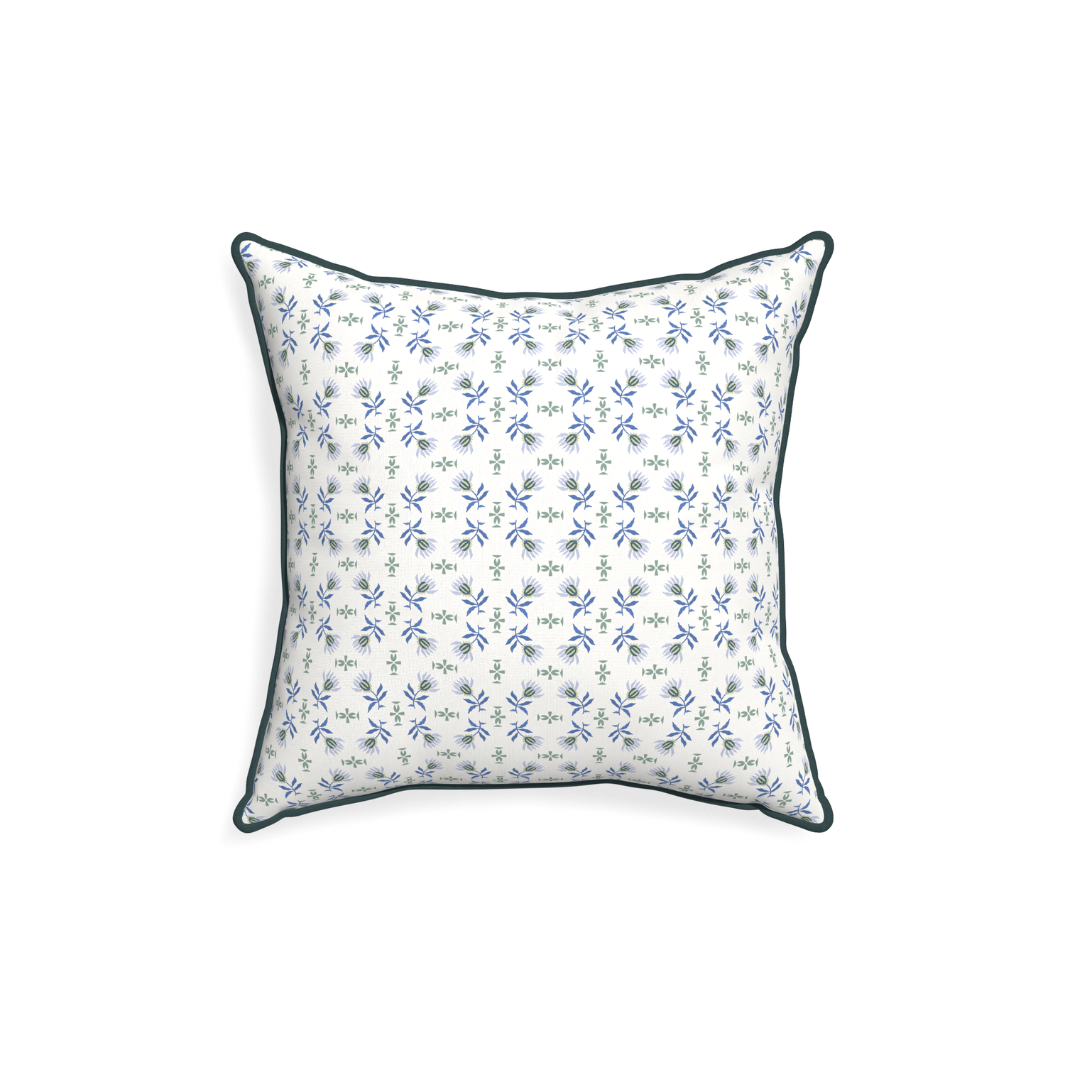 18-square lee custom blue & green floralpillow with p piping on white background