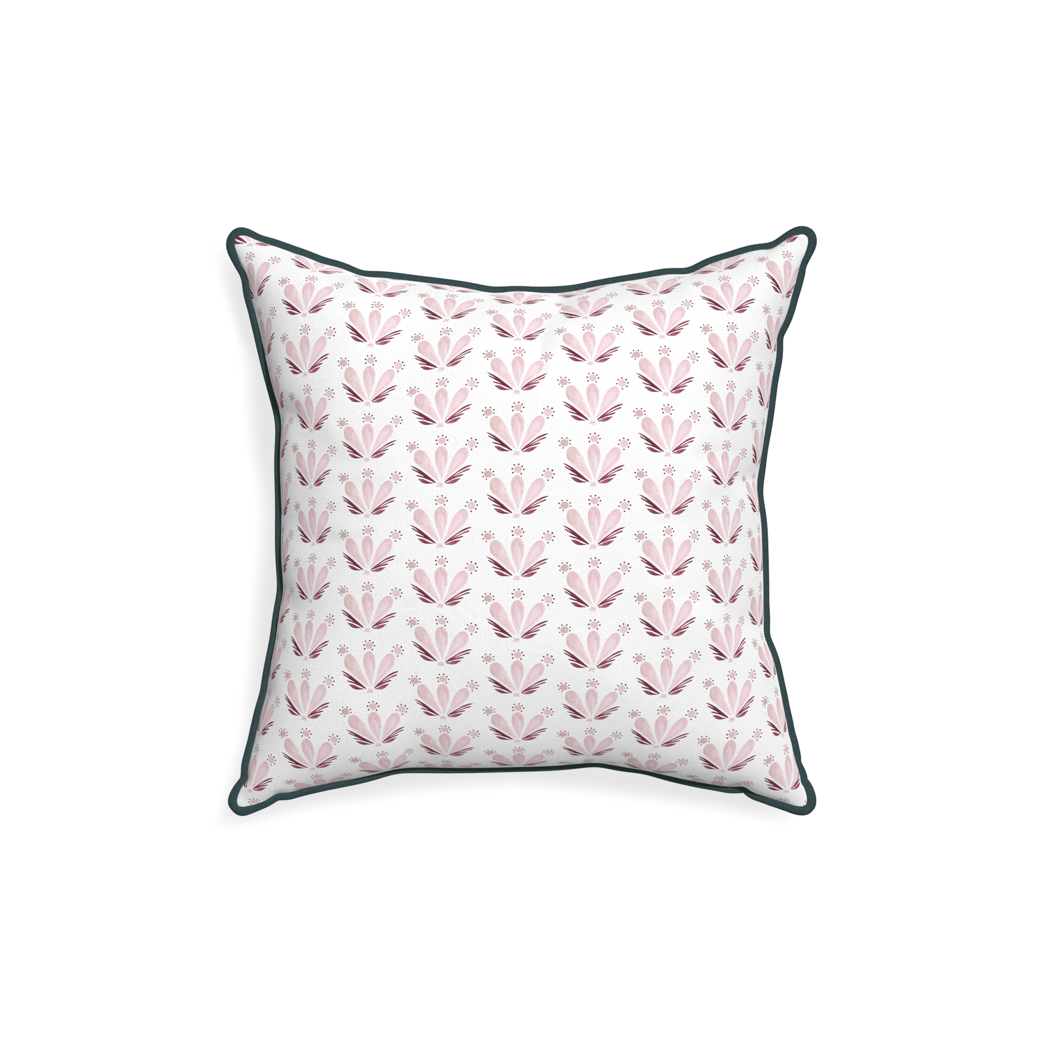 18-square serena pink custom pink & burgundy drop repeat floralpillow with p piping on white background