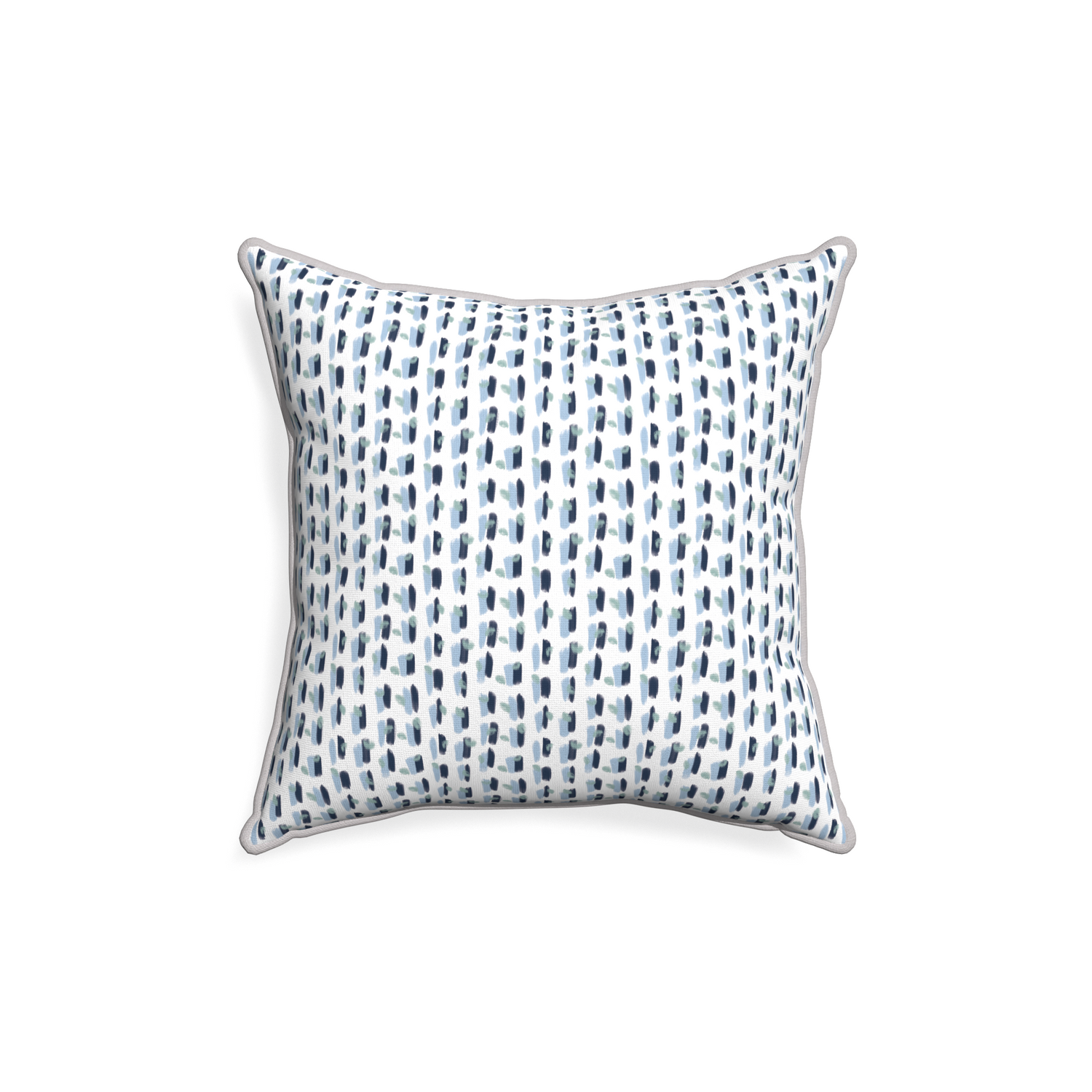 18-square poppy blue custom pillow with pebble piping on white background