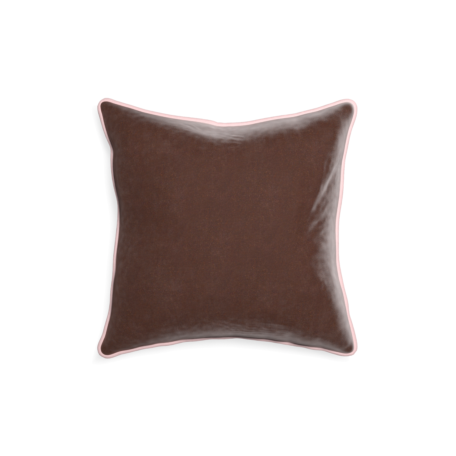 square brown velvet pillow with light pink piping
