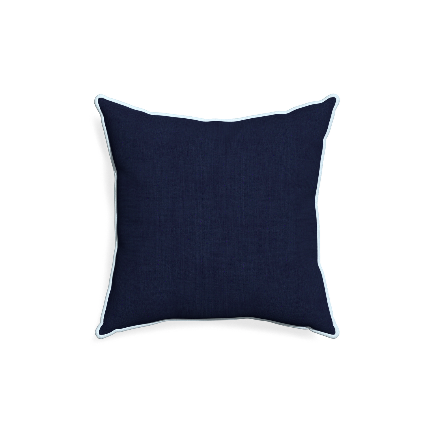 18-square midnight custom pillow with powder piping on white background