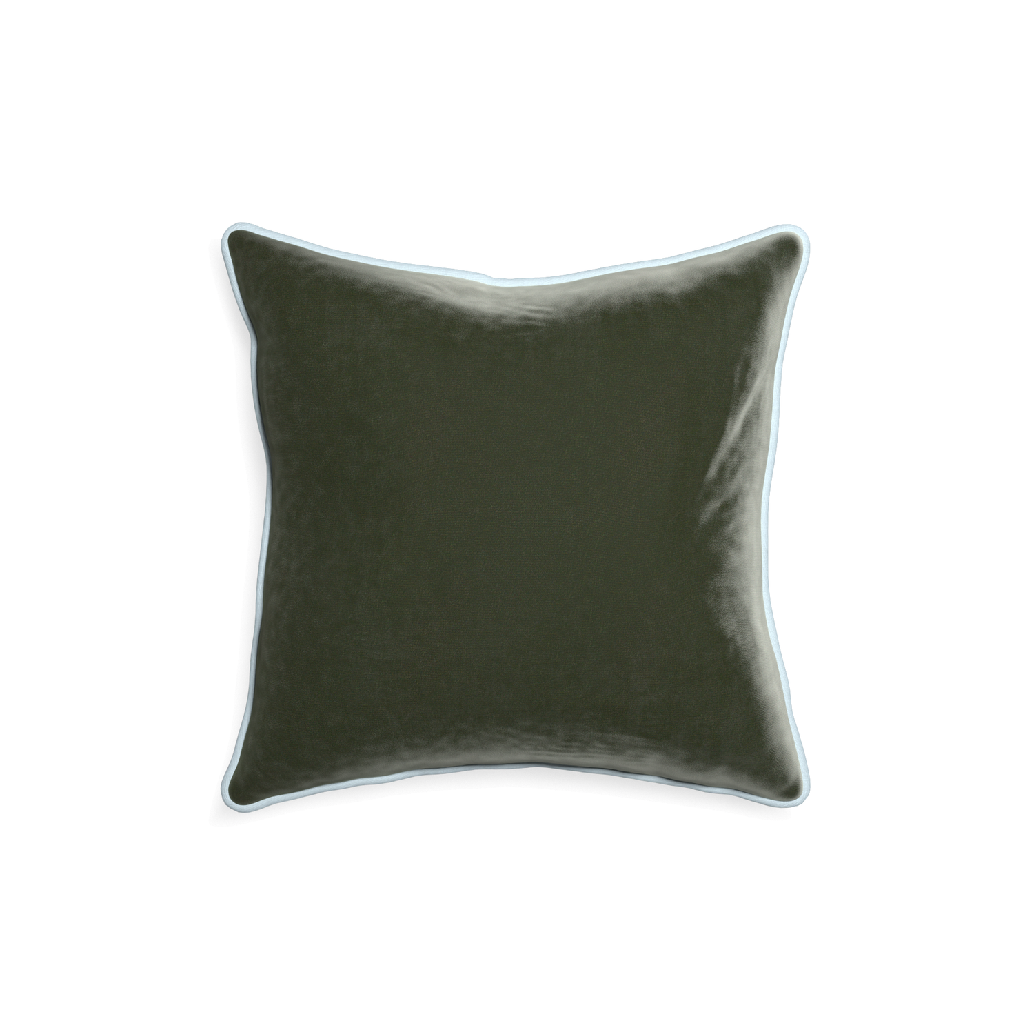 square fern green velvet pillow with light blue piping