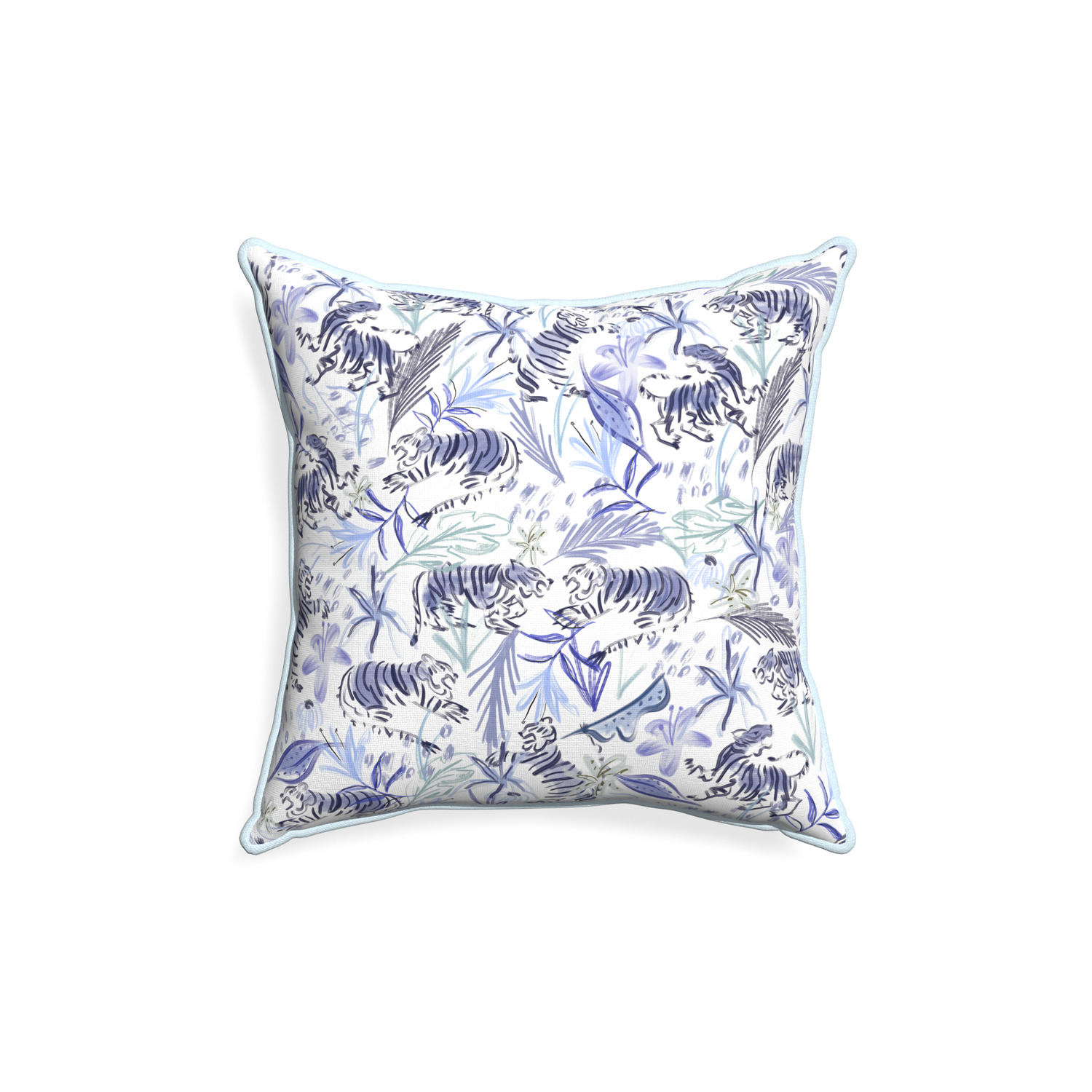 18-square frida blue custom blue with intricate tiger designpillow with powder piping on white background
