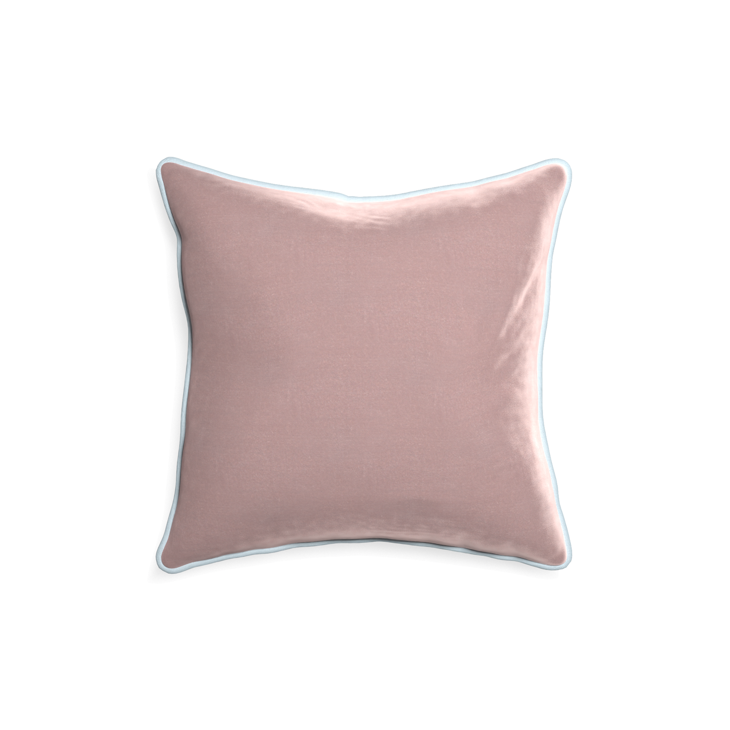 square mauve velvet pillow with light blue piping